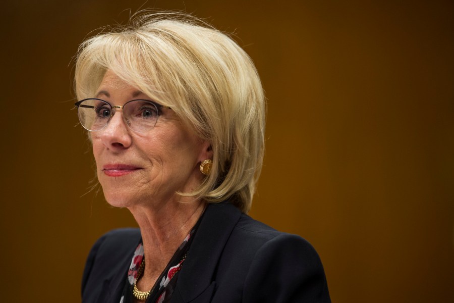 Secretary of Education Betsy DeVos testifies before a Senate subcommittee discussing proposed budget estimates and justification for the Education Department's 2020 budget on March 28, 2019. (Zach Gibson / Getty Images)