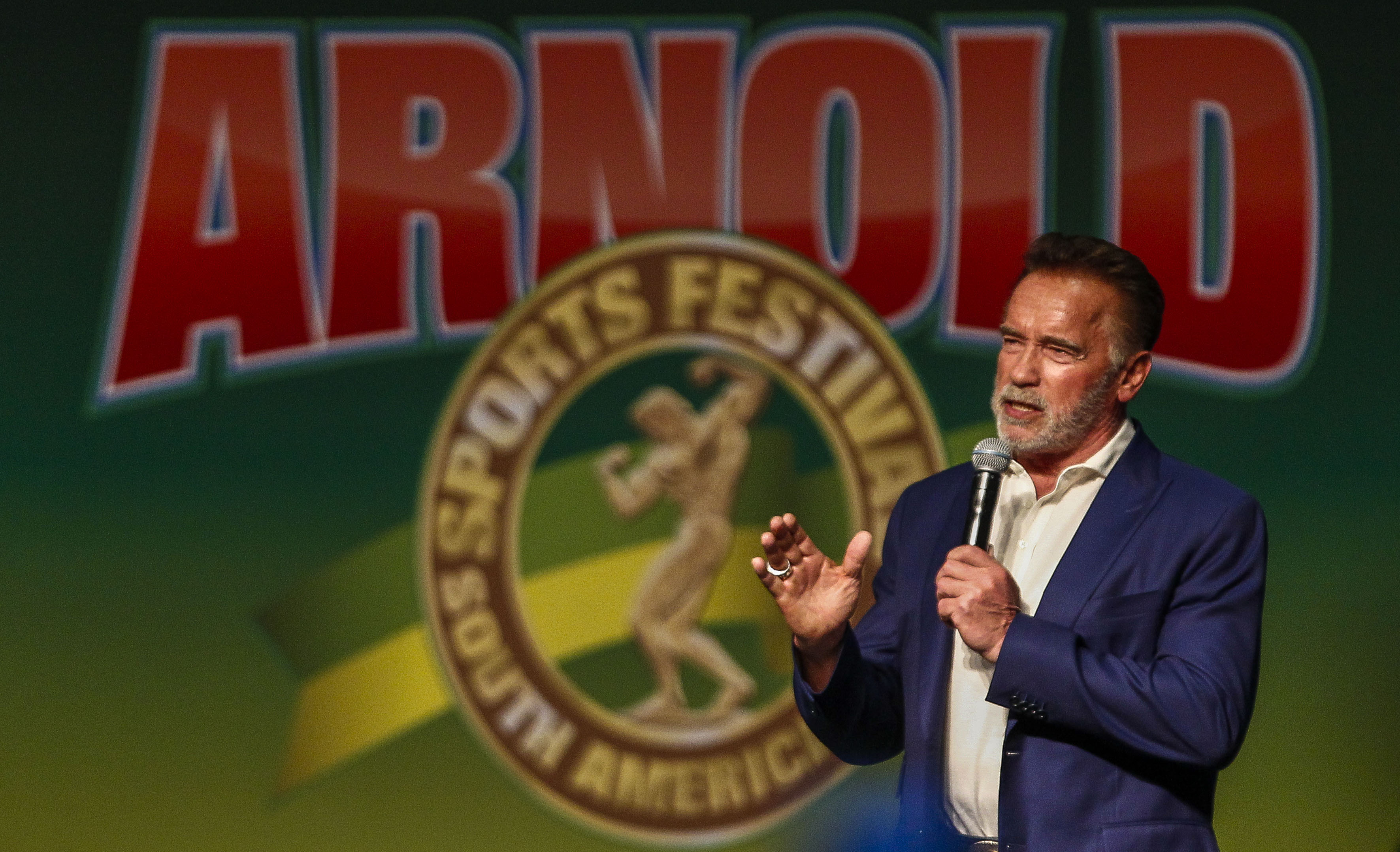 Former California Gov. Arnold Schwarzenegger speaks during the opening of the fitness and bodybuilding Arnold Classic Brazil event in Sao Paulo, Brazil, on April 12, 2019. (Credit: MIGUEL SCHINCARIOL/AFP/Getty Images)