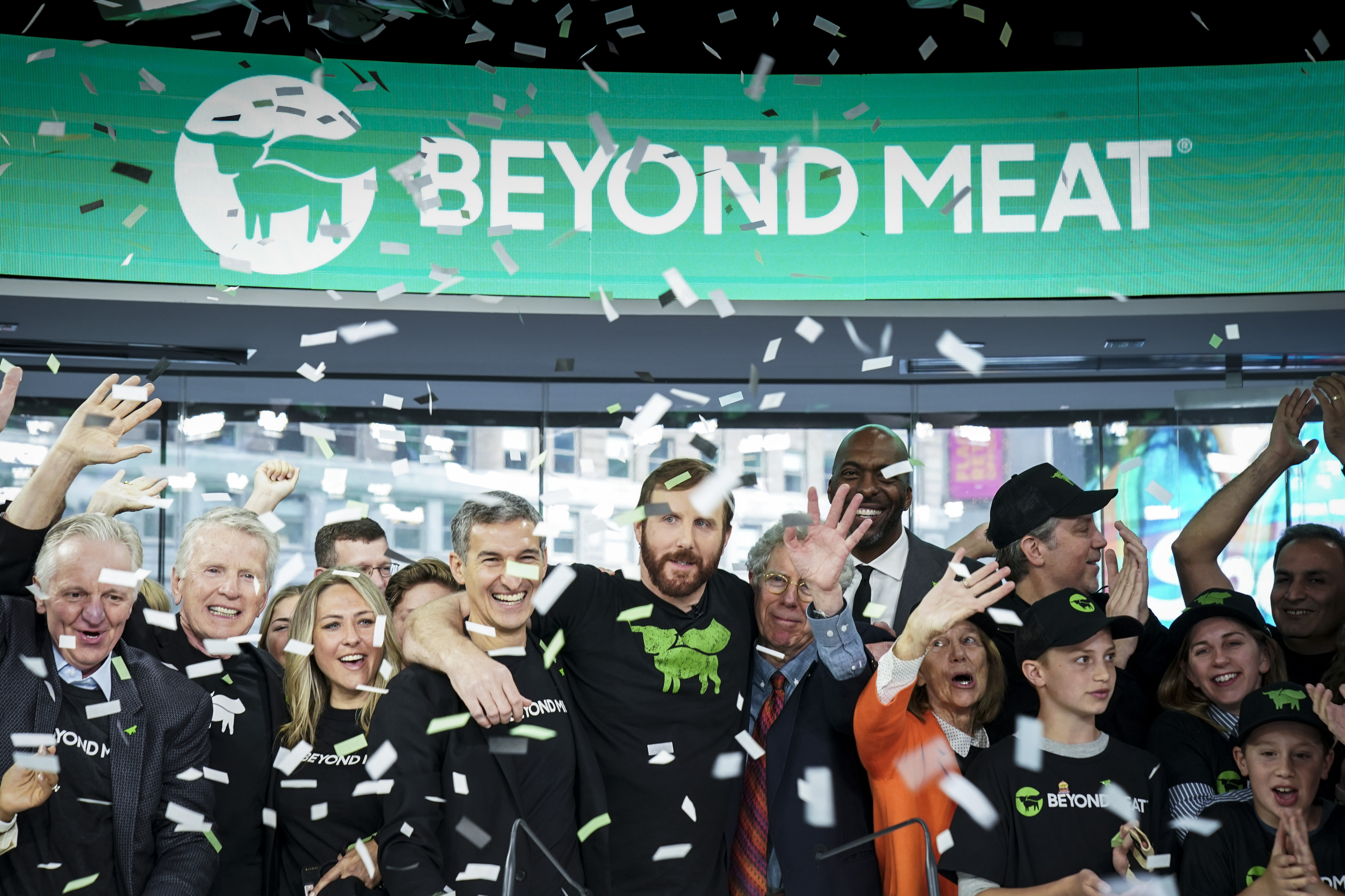 Beyond Meat CEO Ethan Brown celebrates with guests after ringing the opening bell at Nasdaq MarketSite, May 2, 2019, in New York City. (Credit: Drew Angerer/Getty Images)