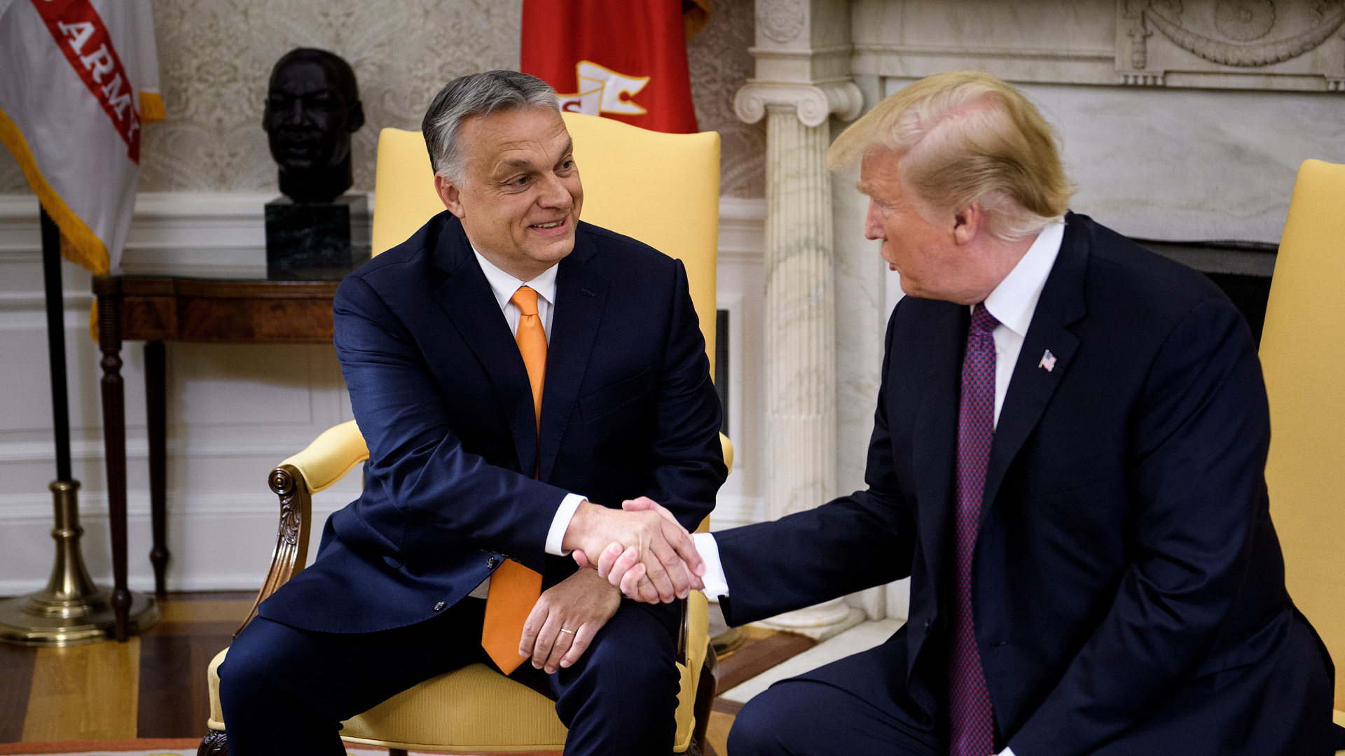 Hungary's Prime Minister Viktor Orban and President Donald Trump shake hands before a meeting in the Oval Office of the White House May 13, 2019, in Washington, DC. (Credit: BRENDAN SMIALOWSKI/AFP/Getty Images)