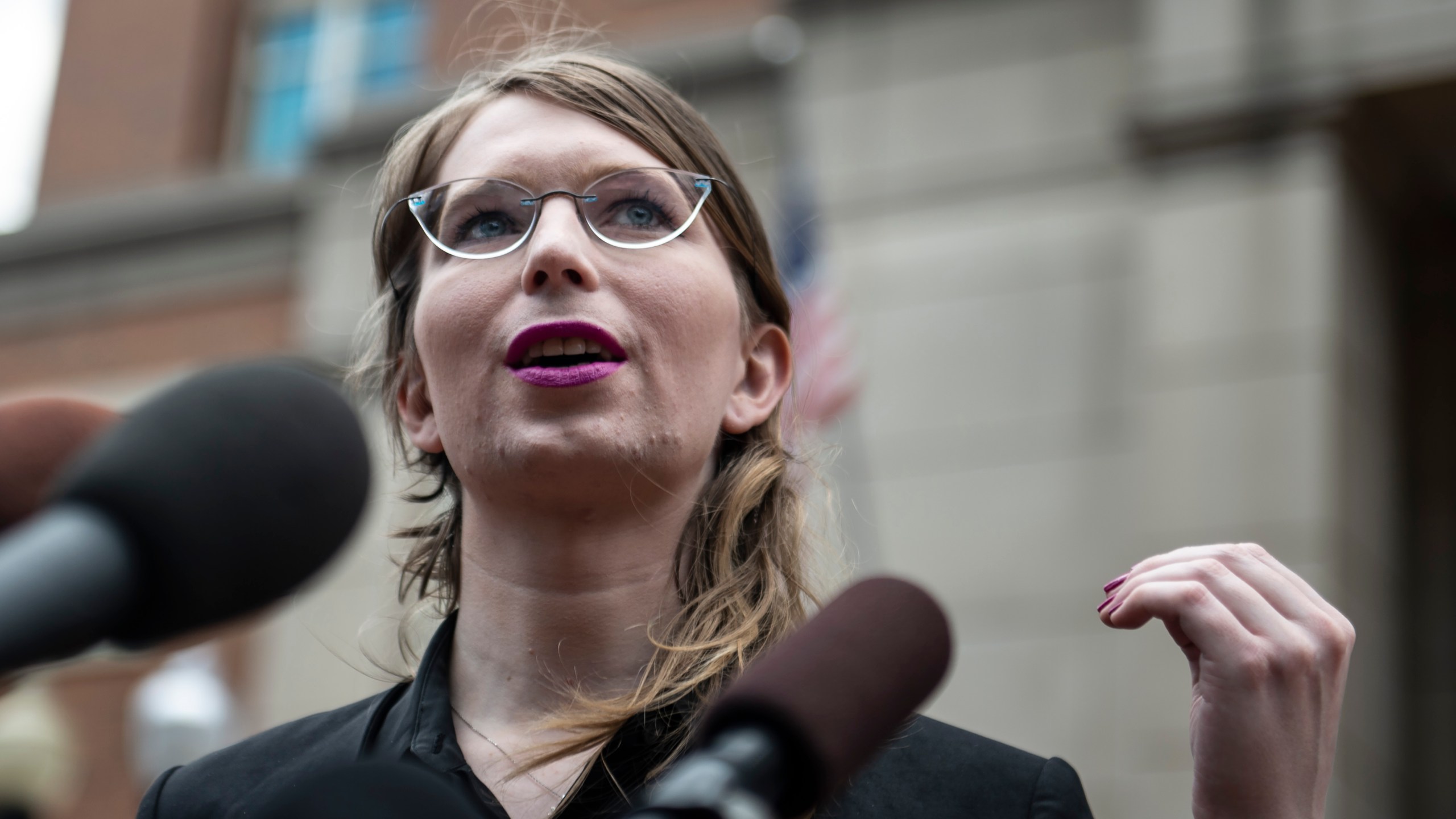 Former military intelligence analyst Chelsea Manning speaks to the press ahead of a grand jury appearance about WikiLeaks in Alexandria, Virginia, on May 16, 2019. (Credit: Eric Baradat / AFP / Getty Images)