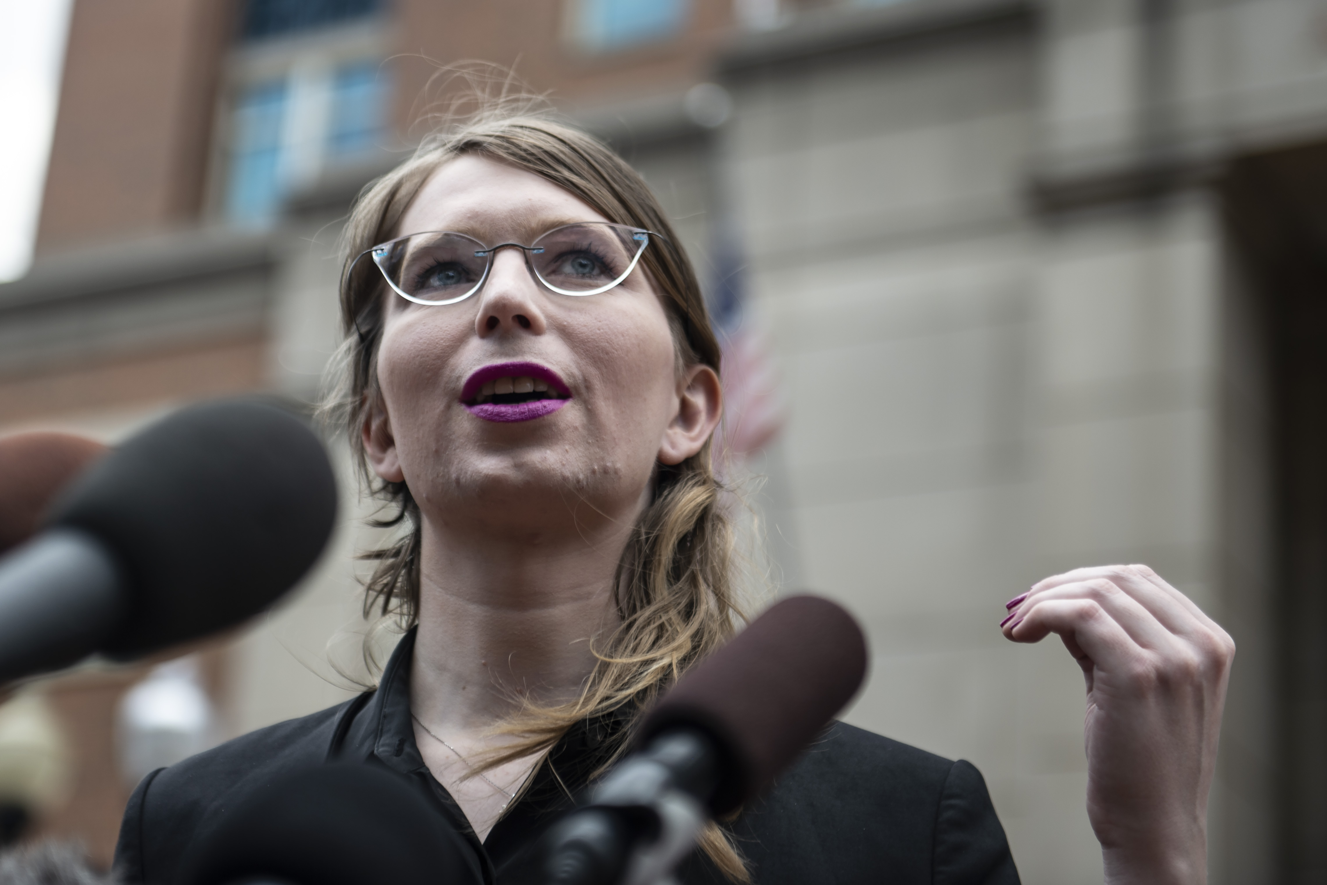 Former military intelligence analyst Chelsea Manning speaks to the press ahead of a grand jury appearance about WikiLeaks in Alexandria, Virginia, on May 16, 2019. (Credit: Eric Baradat / AFP / Getty Images)