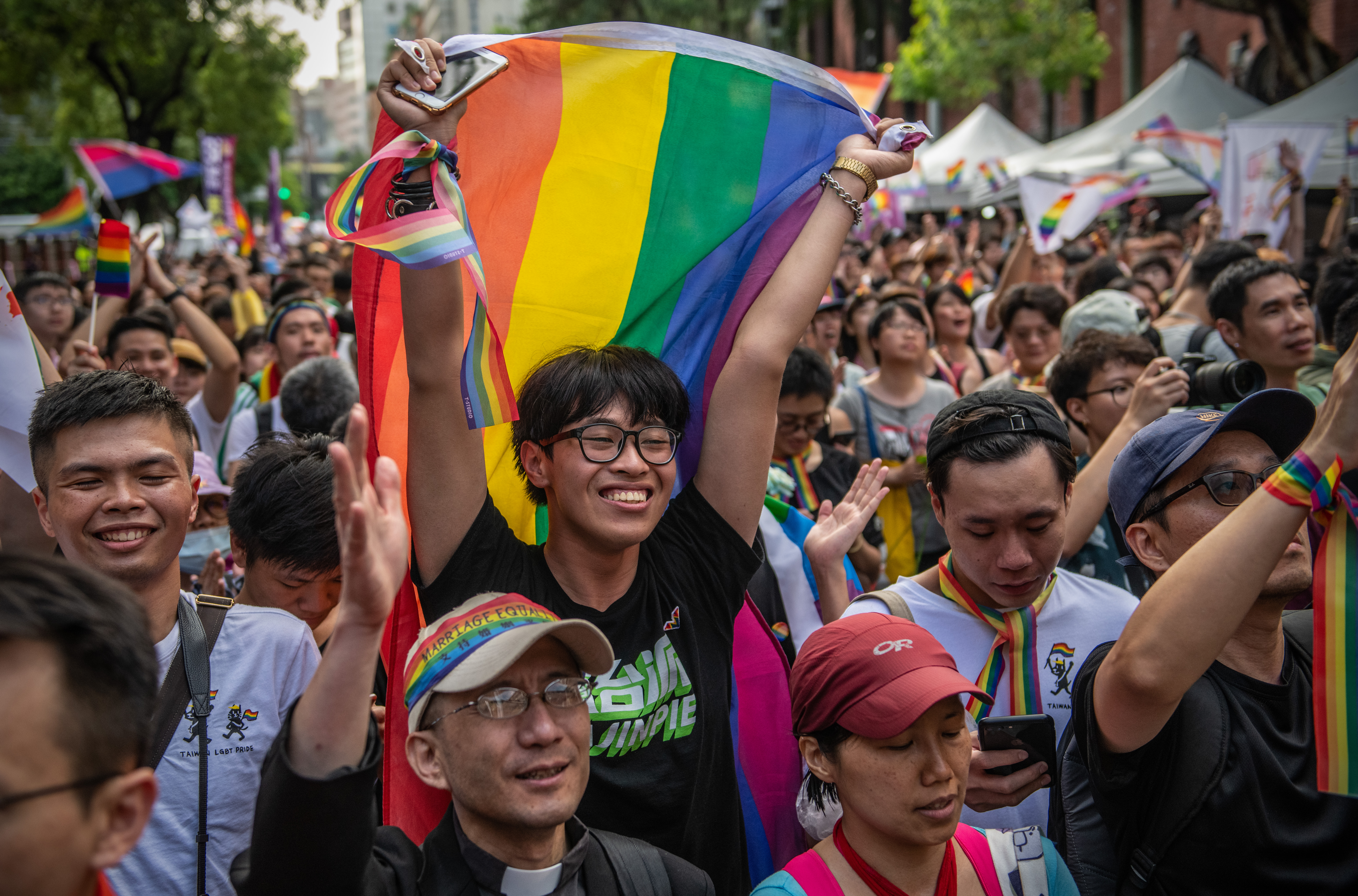 People celebrate after Taiwan's parliament voted to legalize same-sex marriage on May 17, 2019, in Taipei, Taiwan. (Credit: Carl Court/Getty Images)