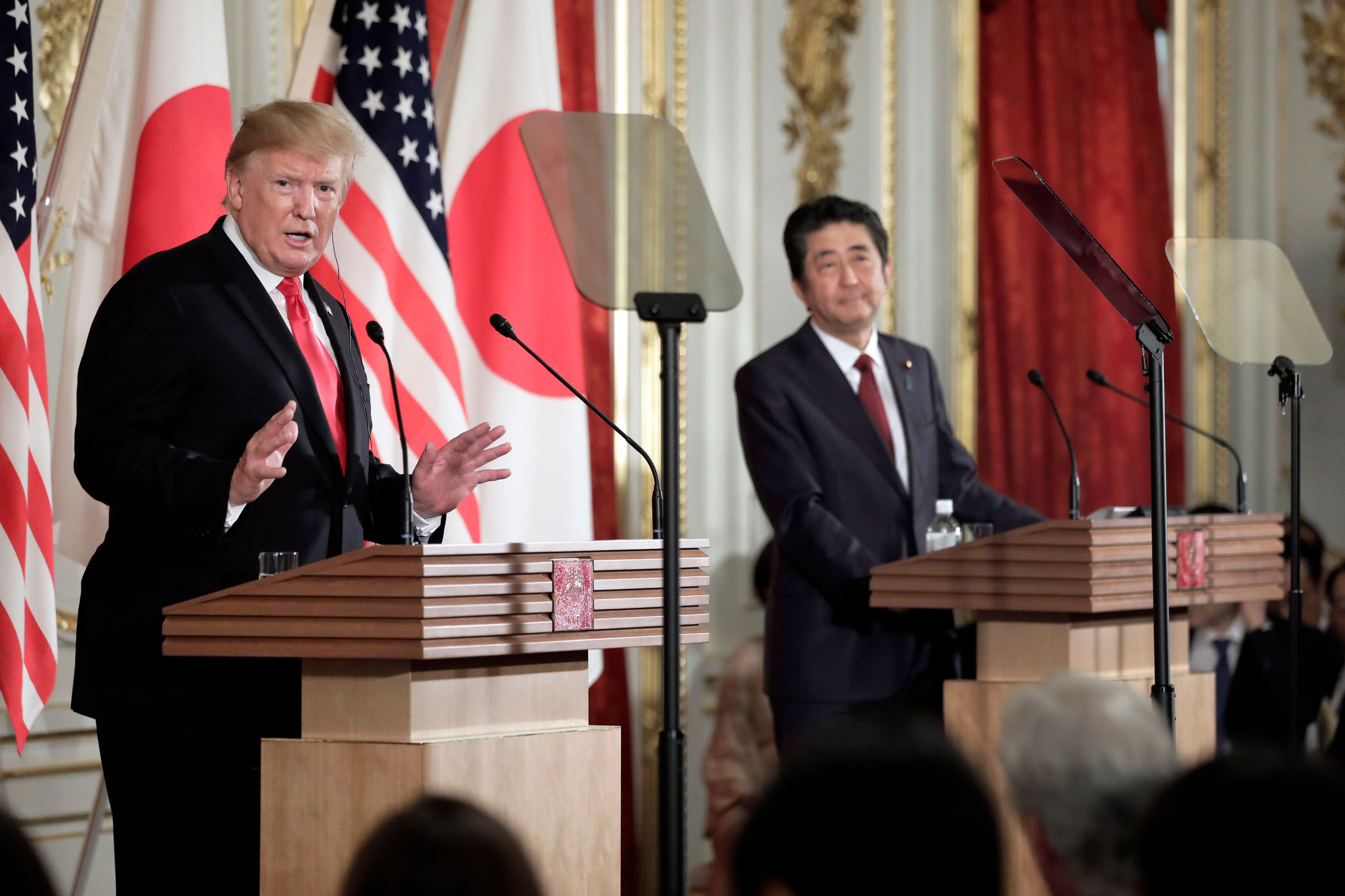 Donald Trump speaks during a joint press conference with Japan's Prime Minister Shinzo Abe at Akasaka Palace in Tokyo on May 27, 2019. (Credit: KIYOSHI OTA/AFP/Getty Images)