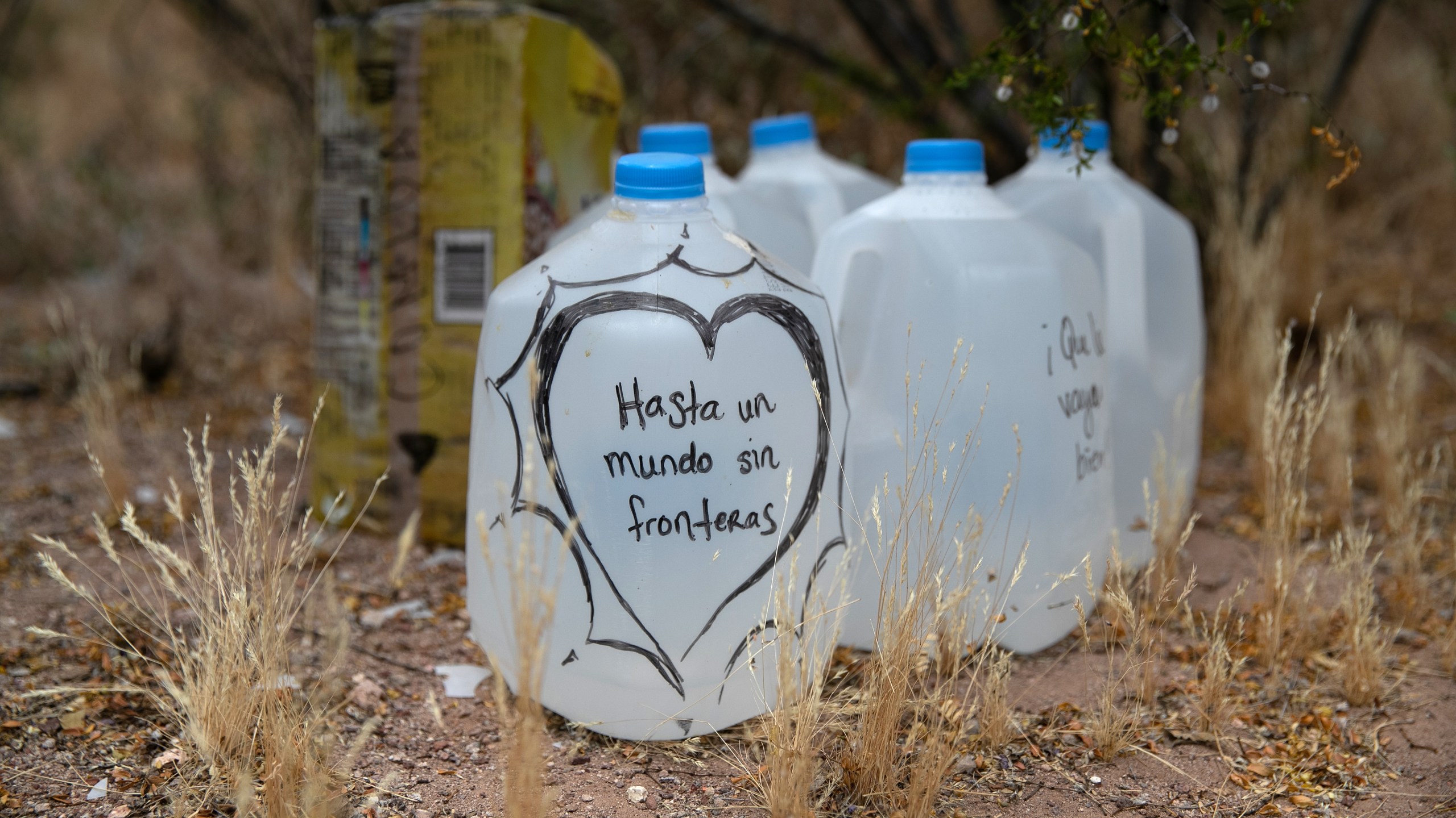 Jugs of water for undocumented immigrants sit along migrant trails near Ajo, Arizona, after being delivered by humanitarian volunteers with No More Deaths on May 10, 2019. (Credit: John Moore / Getty Images)