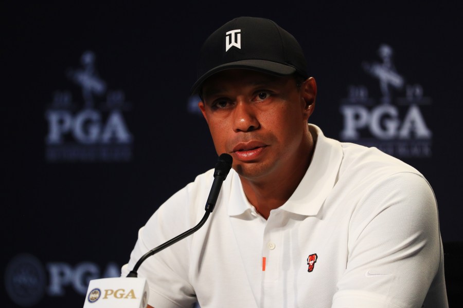 Tiger Woods of the United States speaks to the media during a press conference prior to the 2019 PGA Championship at the Bethpage Black course on May 14, 2019 in Bethpage, New York. (Credit: Mike Ehrmann/Getty Images)