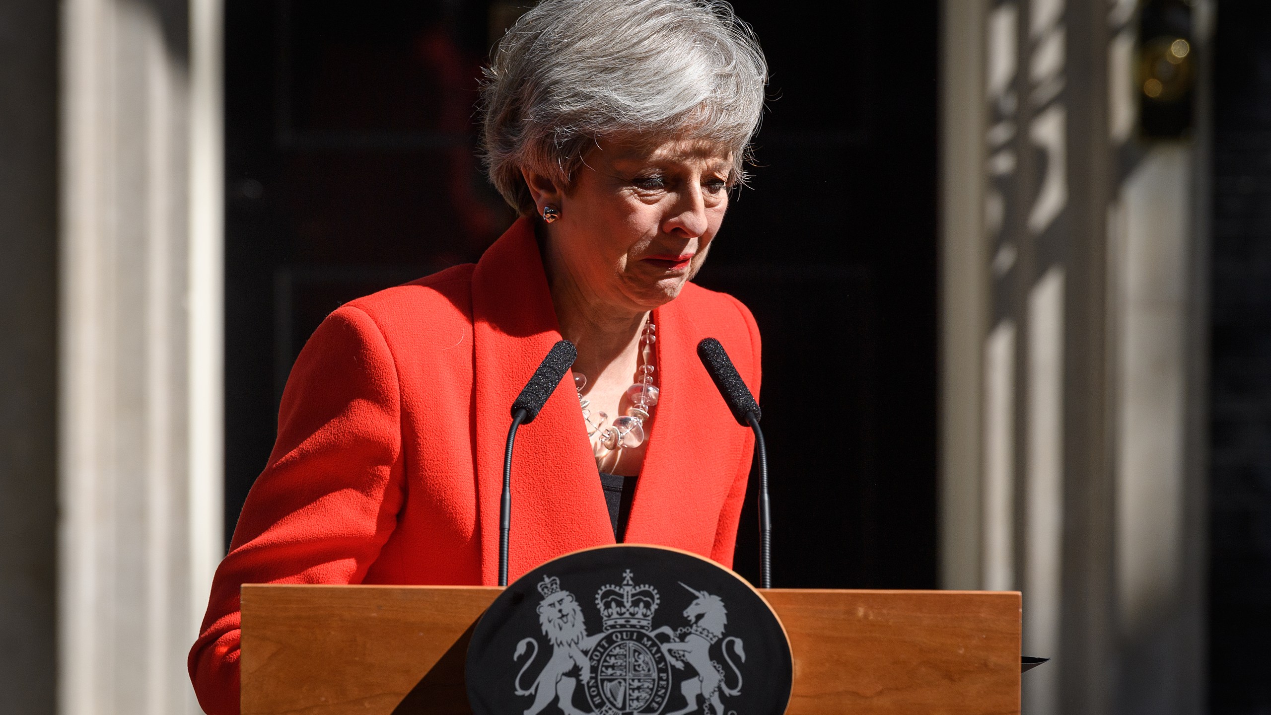 Prime Minister Theresa May makes a statement outside 10 Downing Street on May 24, 2019 in London, England. (Credit: Leon Neal/Getty Images)