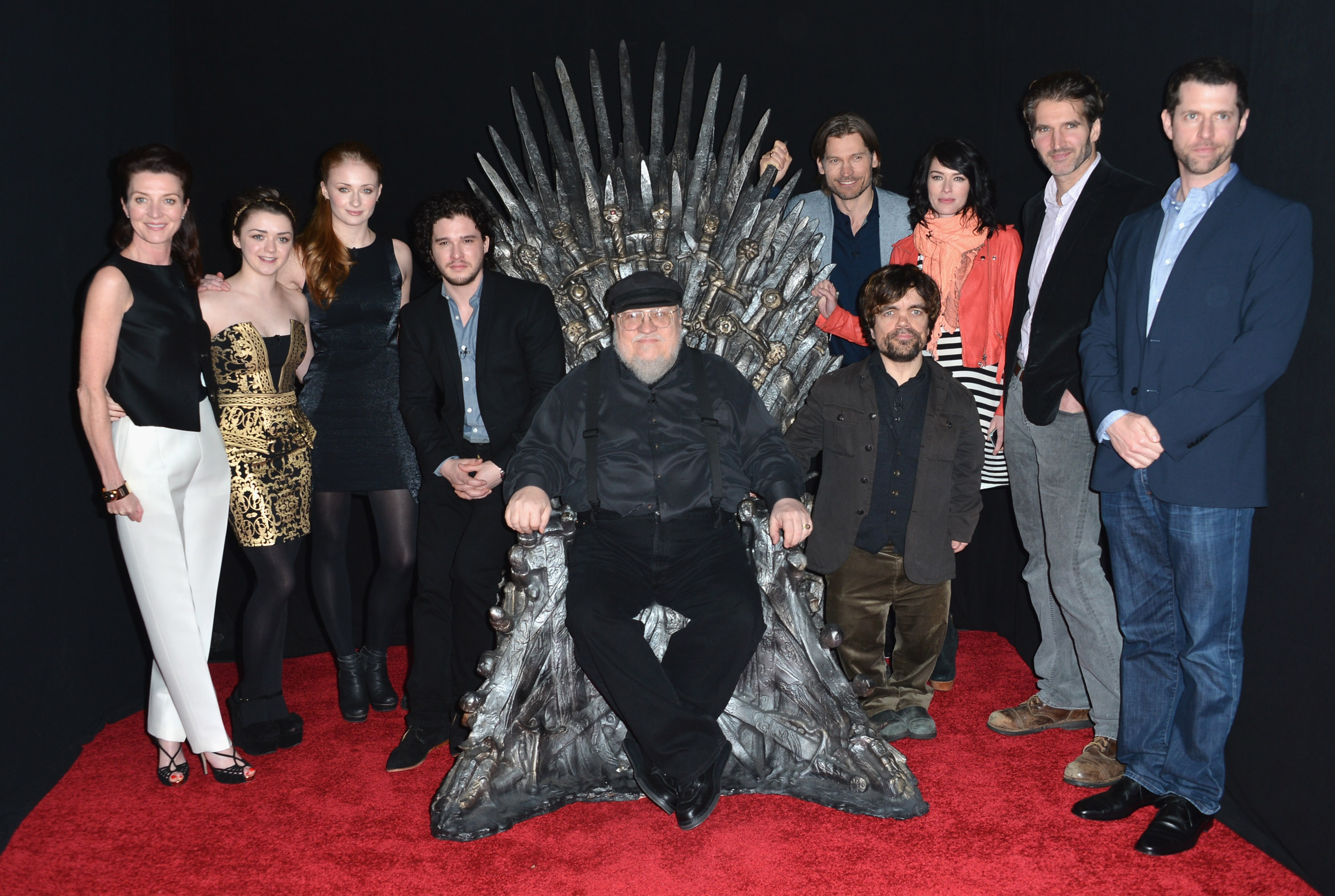 Actors Michelle Fairley, Maisie Williams, Sophie Turner, Kit Harington, executive producer George R.R. Martin, actors Nikolaj Coster-Waldau, Peter Dinklage, Lena Headey, co-creator/executive producer David Banioff and co-creator/executive producer D.B. Weiss attend The Academy of Television Arts & Sciences' Presents An Evening With "Game of Thrones" at TCL Chinese Theatre on March 19, 2013. (Credit: Alberto E. Rodriguez/Getty Images)