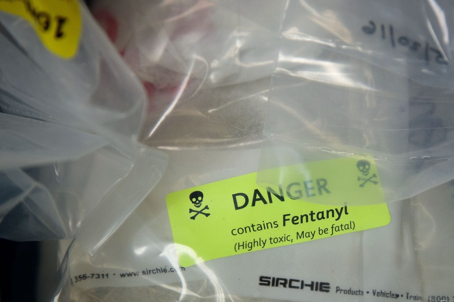 A bag labelled as fentanyl is displayed at the New York City office of the state's attorney general after a drug bust, Sept. 23, 2016. (Credit: Drew Angerer / Getty Images)