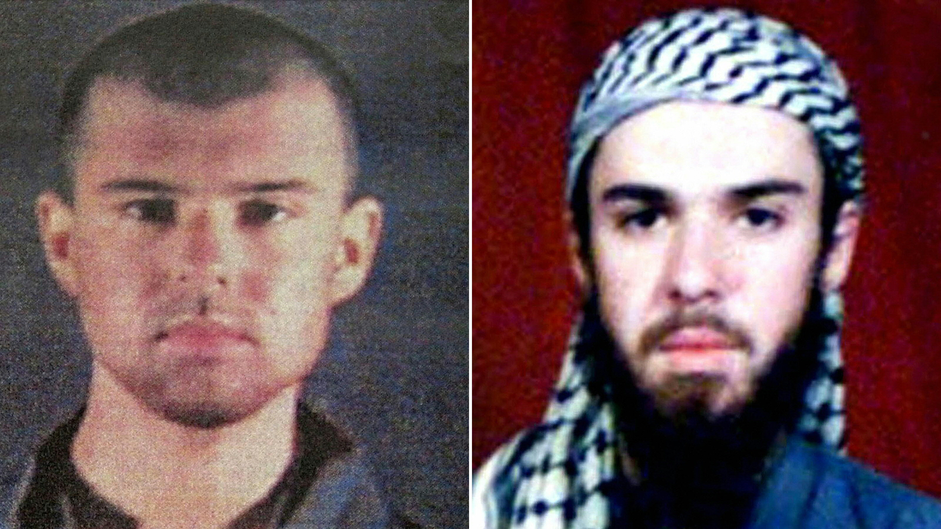 This combination of pictures created on April 17, 2019 shows at left a police file photo made available February 6, 2002 of the "American Taliban" John Walker Lindh and at right a February 11, 2002 photograph of him as seen from the records of the Arabia Hassani Kalan Surani Bannu madrassa (religious school) in Pakistan's northwestern city of Bannu. (Credit:TARIQ MAHMOOD,---/AFP/Getty Images)