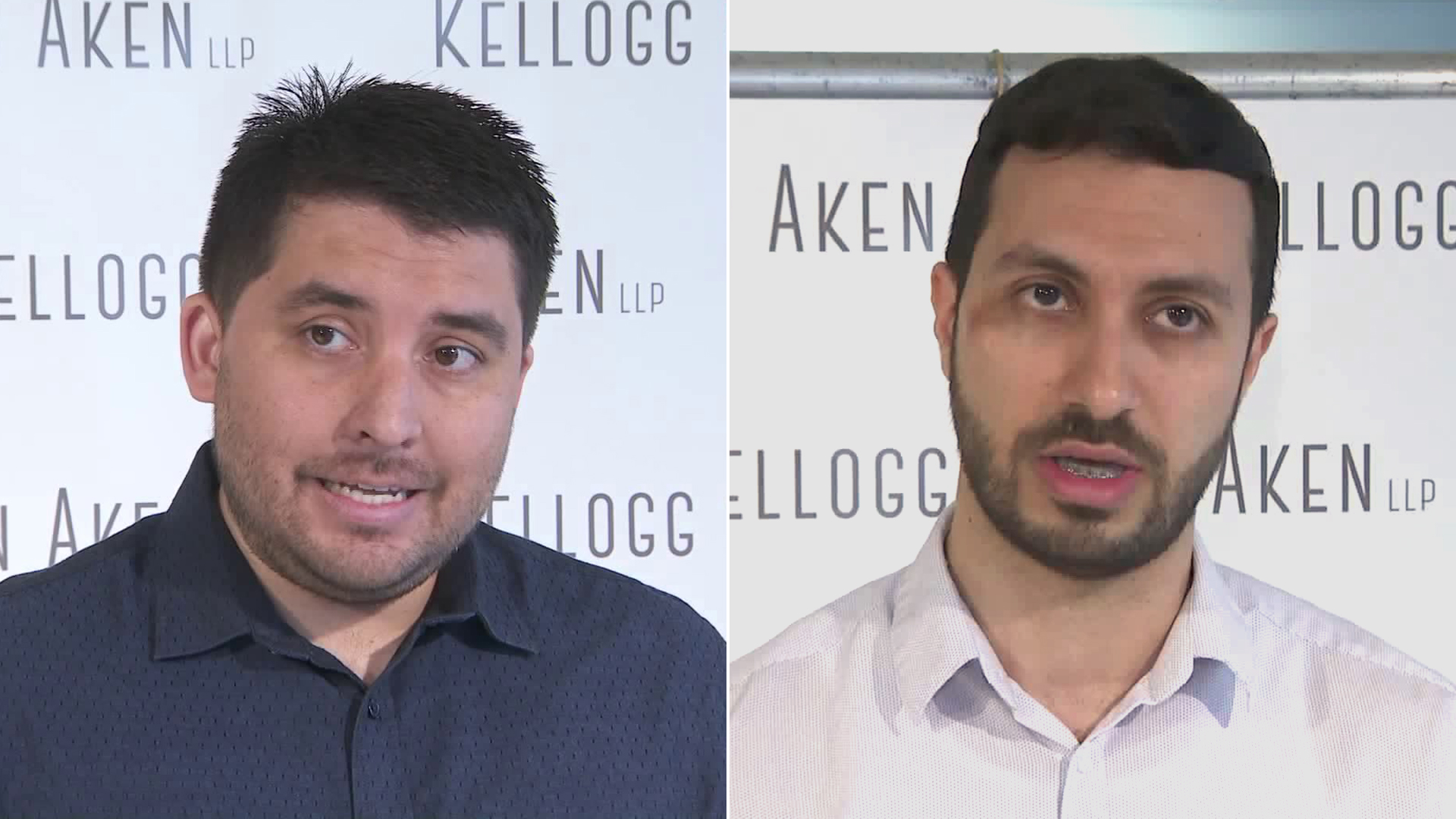 John Keyes, left, and Ali Jalal-Kamali speak about their sexual misconduct allegations against former USC men’s health physicians Dennis Kelly at a downtown Los Angeles press conference on May 9, 2019. (Credit: KTLA)