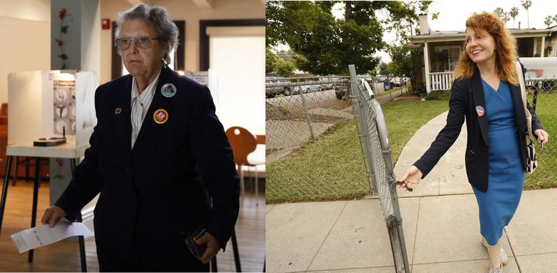 From left: Jackie Goldberg votes at a polling station, and Heather Repenning walks door to door canvassing in the Highland Park area after casting her own ballot on May 14, 2019. (Credit: Francine Orr / Al Seib / Los Angeles Times)