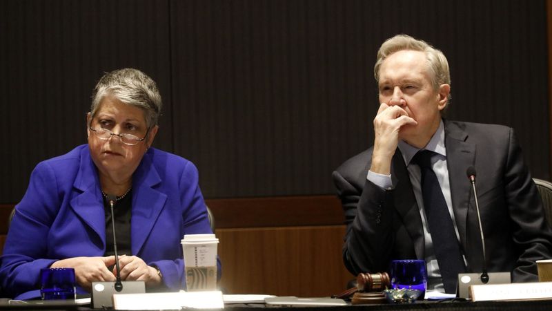 UC President Janet Napolitano and Regent George Kieffer listen to students in regards to a proposed tuition increase during a meeting in Westwood in March 2019. (Credit: Genaro Molina / Los Angeles Times)