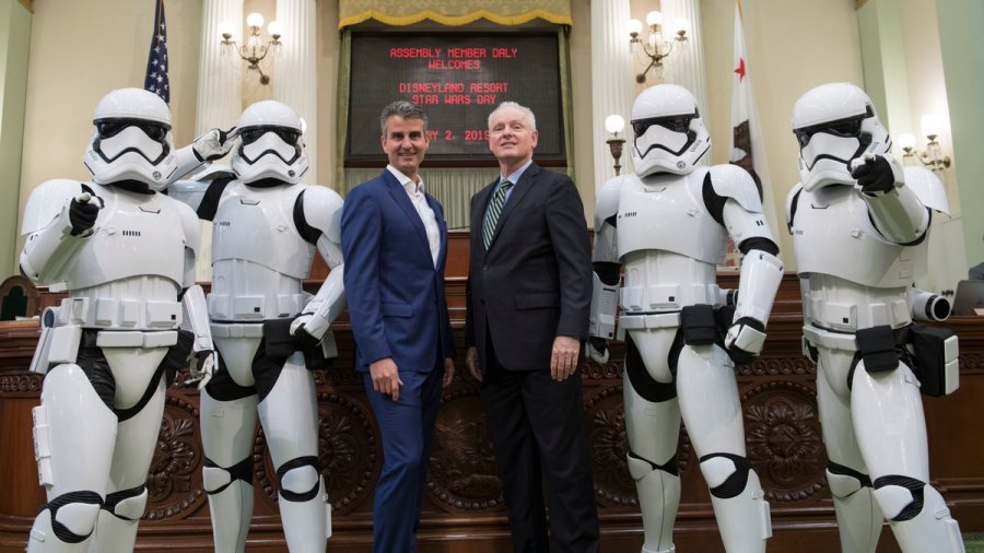 California Assemblymember Tom Daly poses with Disneyland Resort President Josh D'Amaro as the lawmakers officially declare May 4 to be "Star Wars Day" on May 2, 2019. (Credit: Assembly Democrats/Twitter)