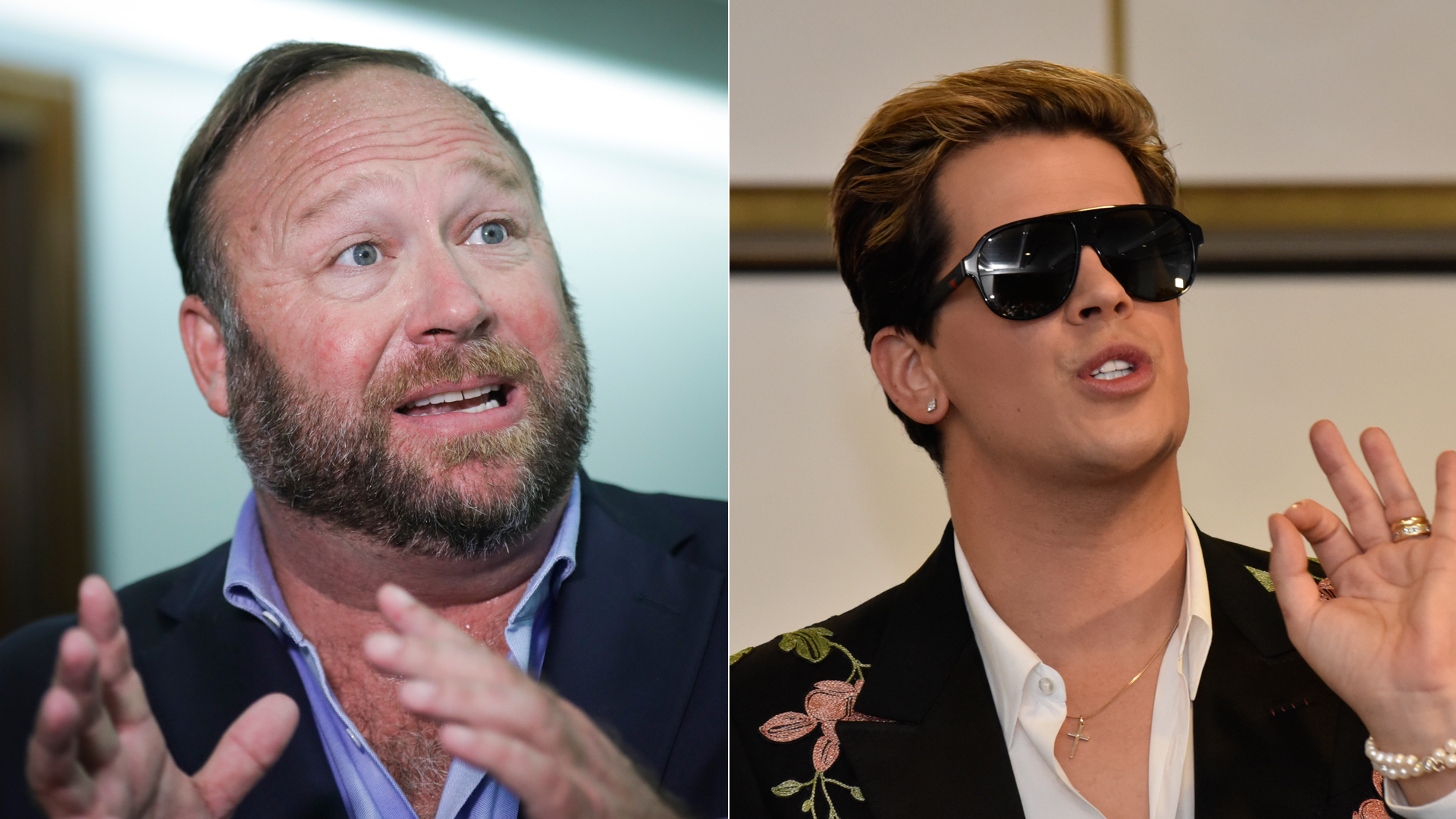 Alex Jones of InfoWars (left) talks to reporters outside a Senate Intelligence Committee hearing concerning foreign influence operations' use of social media platforms, on Capitol Hill on Sept. 5, 2018 in Washington, DC. Milo Yiannopoulos (right) speaks during an event in Canberra, Australia on Dec. 5, 2017. (Credit: Drew Angerer and Michael Masters/Getty Images)