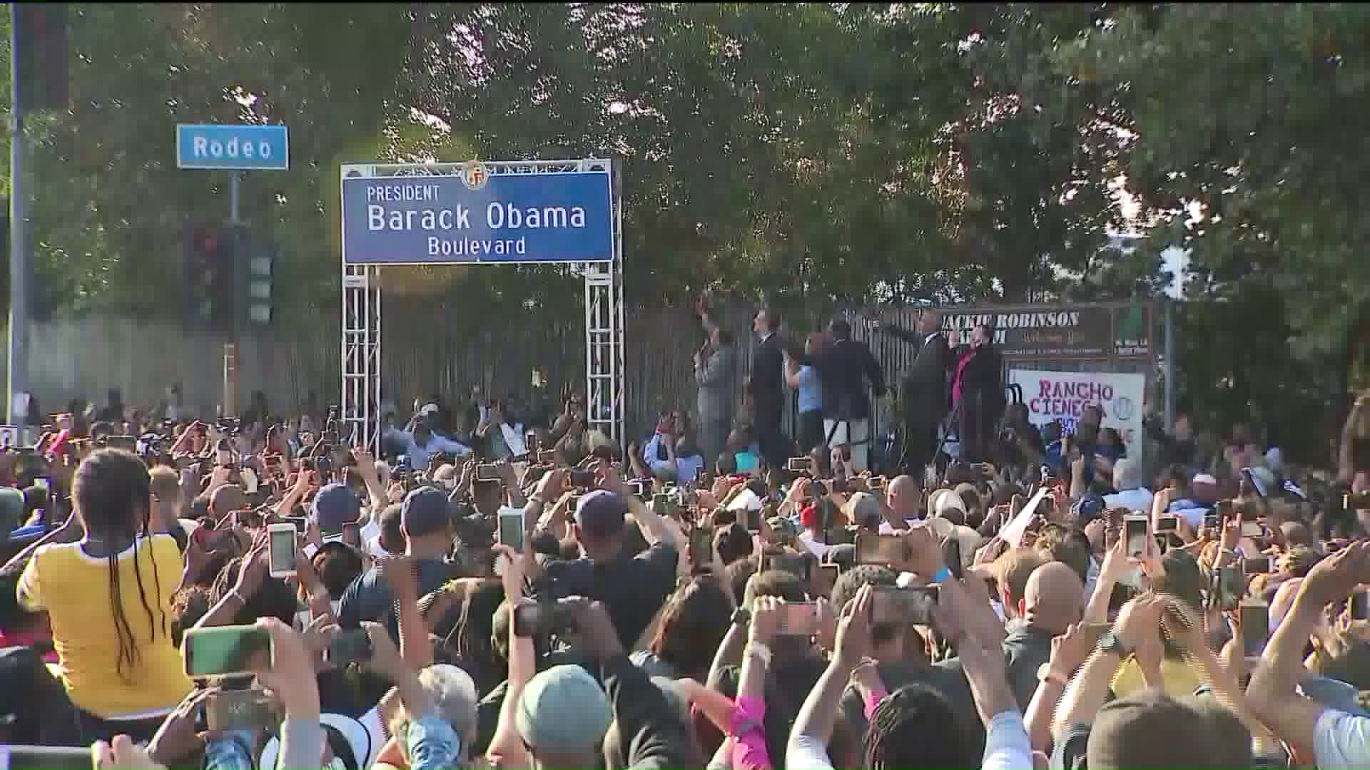 The South L.A. community celebrates the dedication of Obama Boulevard on May 4, 2019. (Credit: KTLA)