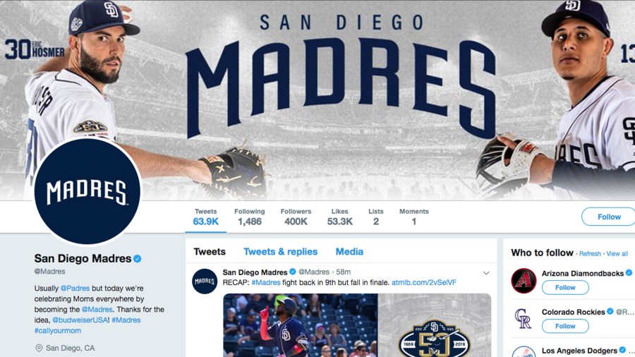 A screenshot of the Twitter page for the San Diego Padres, who changed their name to "Madres" for Mother's Day, is seen on the holiday, May 12, 2019.