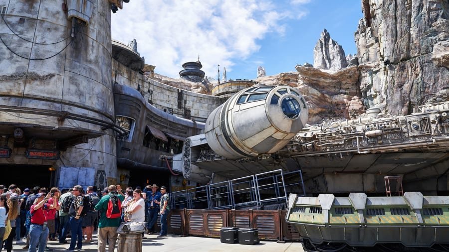 As it opens, the signature attraction and ride at Disneyland's Galaxy's Edge is the full-scale, 100-plus-foot-long, movie-perfect Millennium Falcon. (Credit: Michelle Groskopf for CNN)