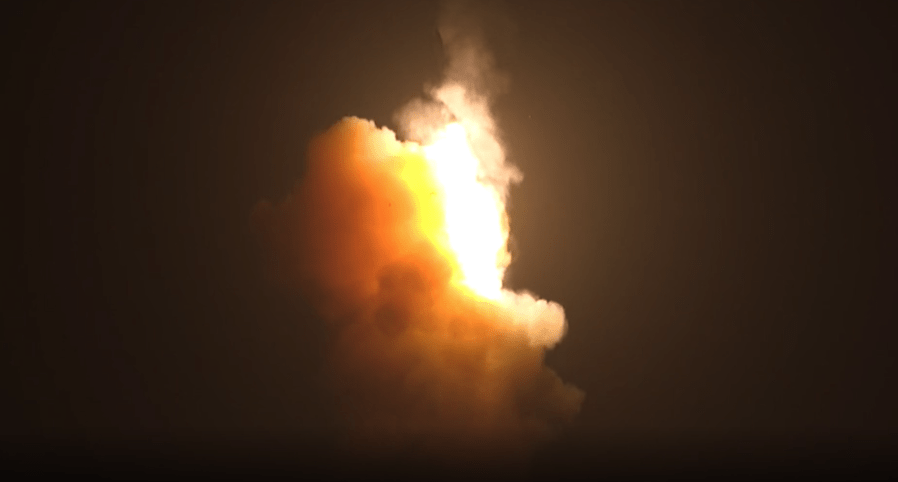 A fiery streak lights up the sky as the U.S. Air Force conducts an early morning test of an unarmed Minuteman 3 intercontinental ballistic missile from the Vandenberg Air Force Base on May 1, 2019. (Credit: Airman First Class Daniel Myles)