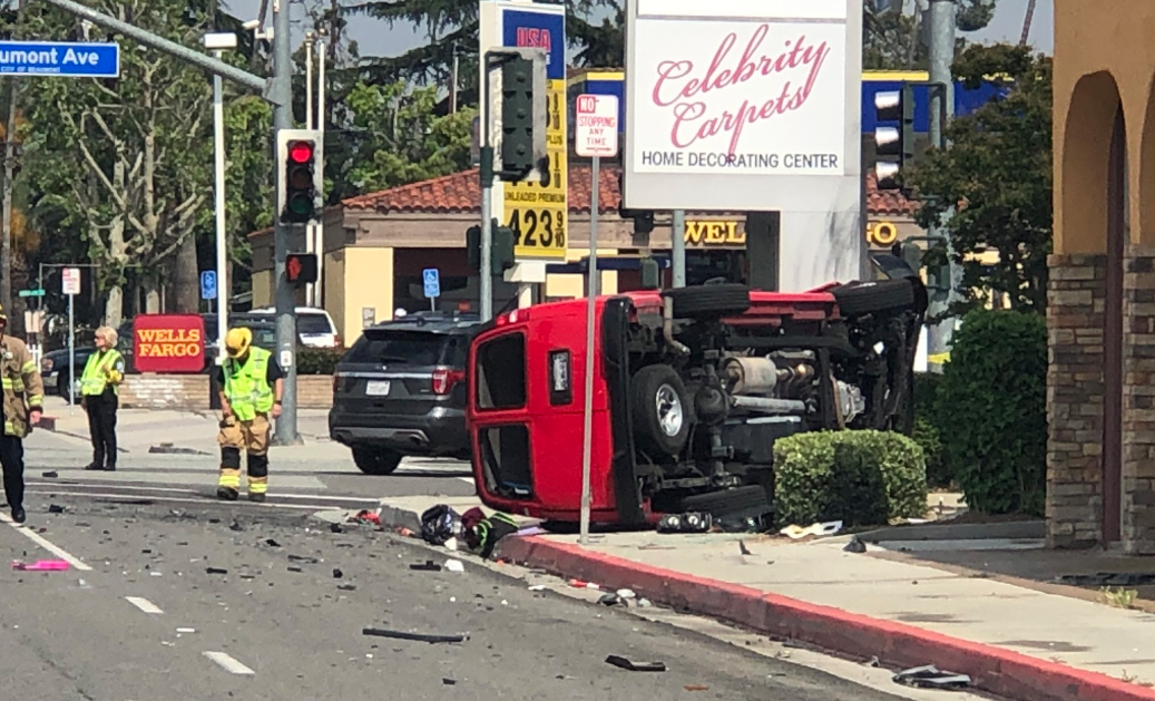 An overturned van is seen after a collision in Beaumont on May 11, 2019. (Credit Beaumont Police Department)