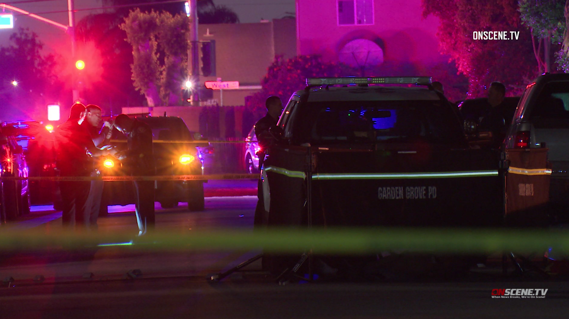 Police work at the scene of a stabbing an an officer-involved-shooting in Garden Grove on May 18, 2019. (Credit: Onscene.tv)