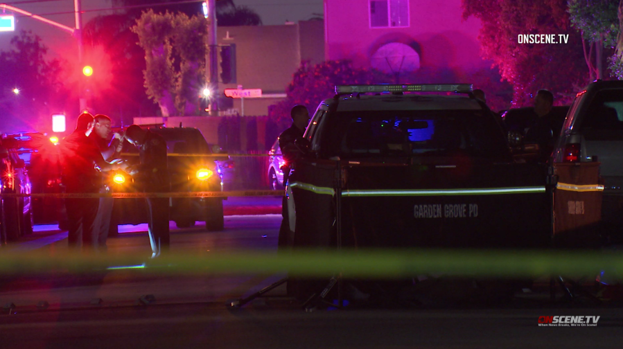 Police work at the scene of a stabbing an an officer-involved-shooting in Garden Grove on May 18, 2019. (Credit: Onscene.tv)