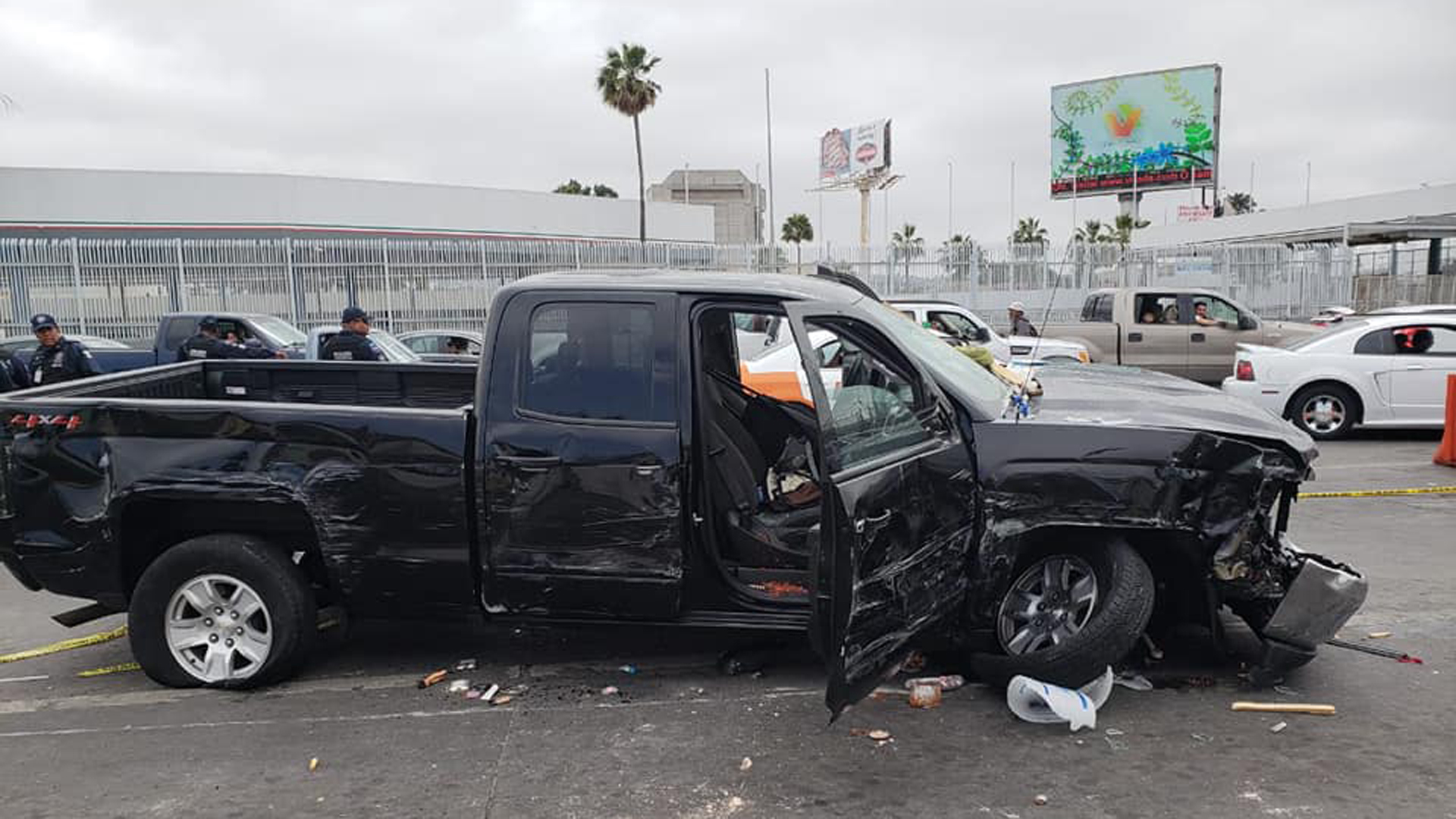 A pickup is seen after Mexican police say an American man trying to rush the U.S. border in Tijuana crashed into 17 vehicles, five people and several vendor carts in a May 13, 2019, photo posted to Facebook by the Tijuana Secretary of Public Security.