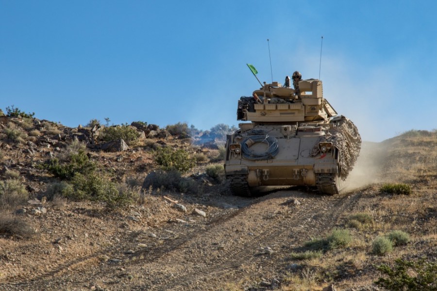 Soldiers participate in a defensive attack training exercise at the National Training Center in Fort Irwin on June 2, 2019. (Credit: Cpl. Alisha Grezlik / U.S. Army)