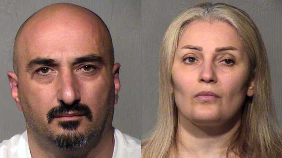 Rafid Khoshi, left, and Manal Sulaiman, right, are seen in booking photos released by Chandler police.