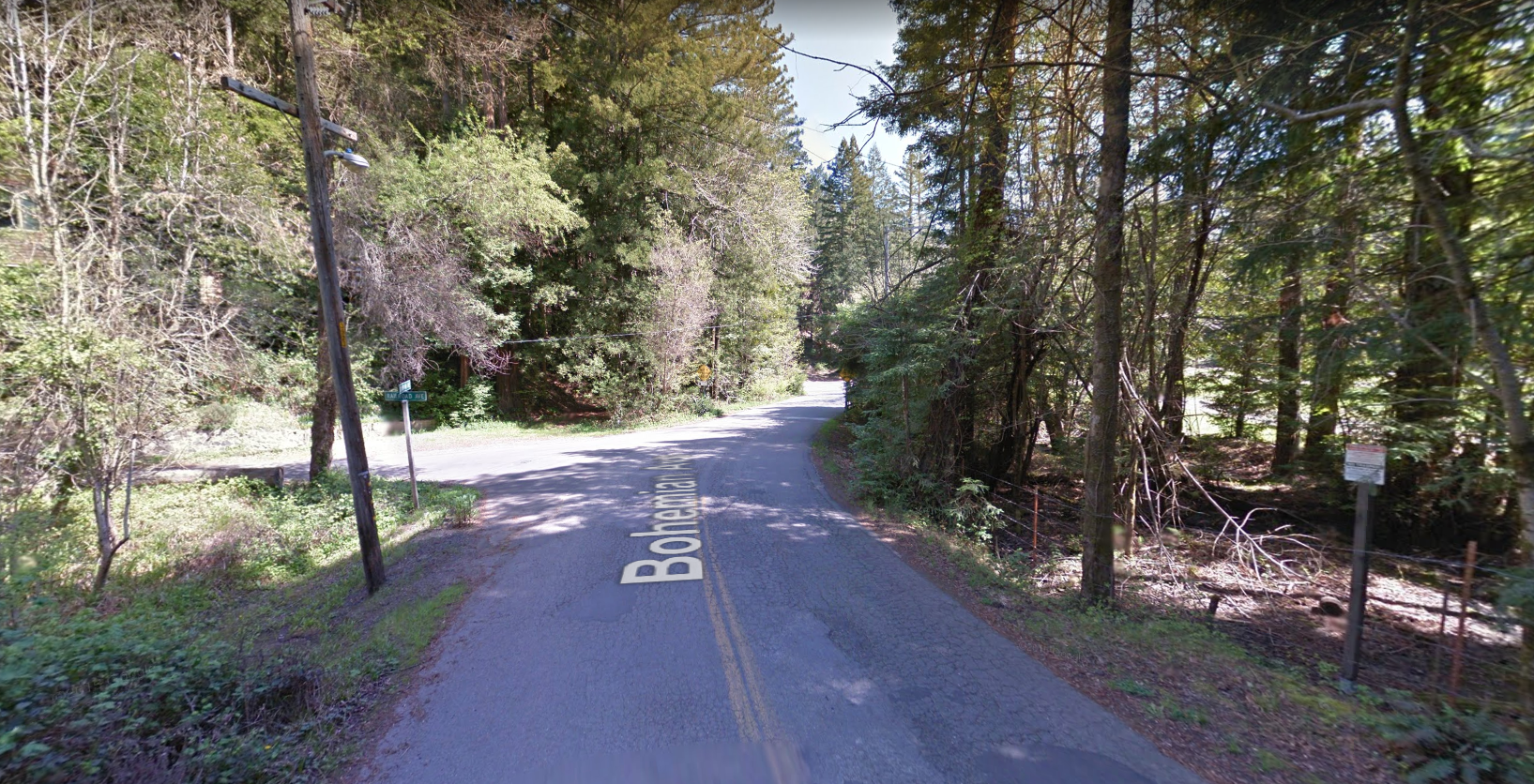 A road near a private campground in Monte Rio, where the Bohemian Club holds its annual retreat, appears in a Google Maps image.