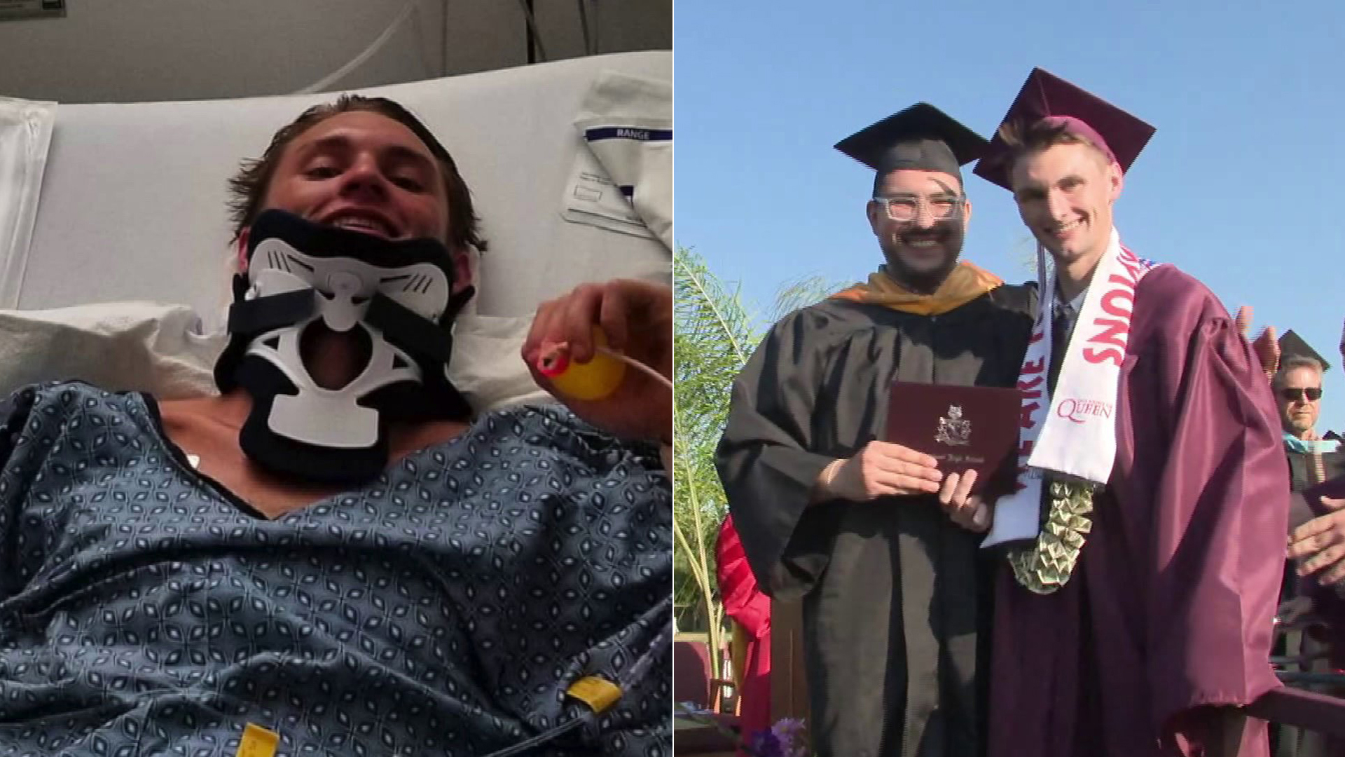 Alexander Harris, left, after his accident, and right, at his high school graduation ceremony on June 13, 2019. (Credit: KTLA)