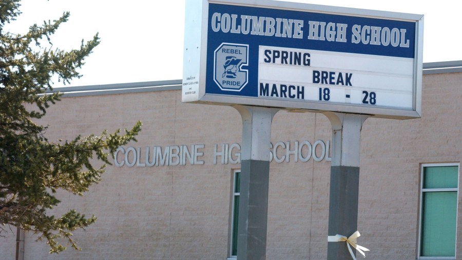 A sign announcing spring break week for Columbine High School students is shown March 22, 2005, in Littleton, Colorado. (Credit: Thomas Cooper/Getty Images)