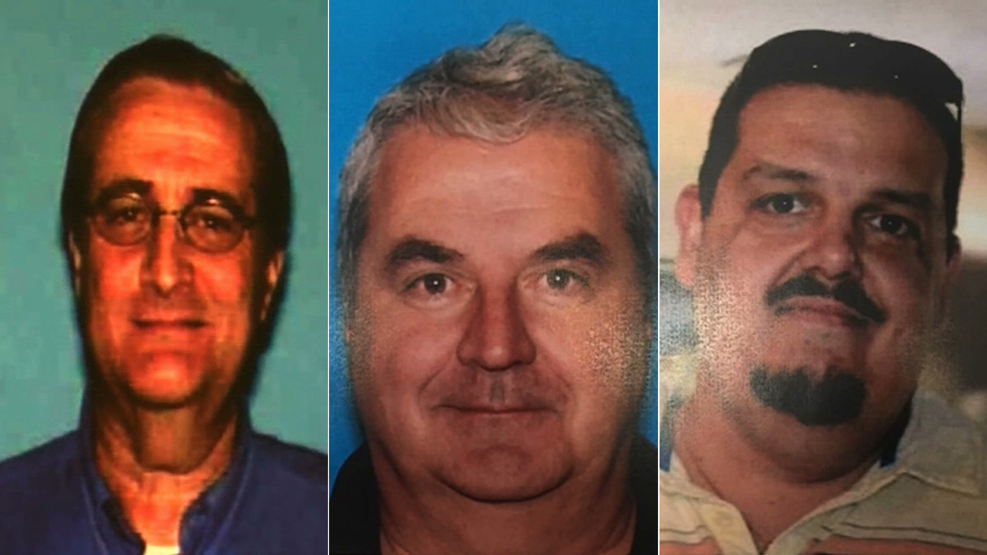 From left: Steven Leet, Brian Light and Xavier Souto are seen in images displayed during a press conference held by the Morgan Hills Police Department on June 26, 2019.