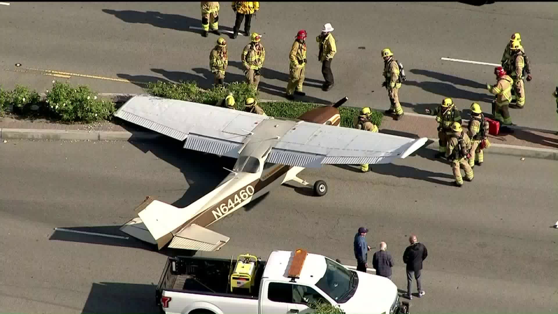 A small airplane made an emergency landing on Fullerton streets on June 20, 2019. (Credit: KTLA)