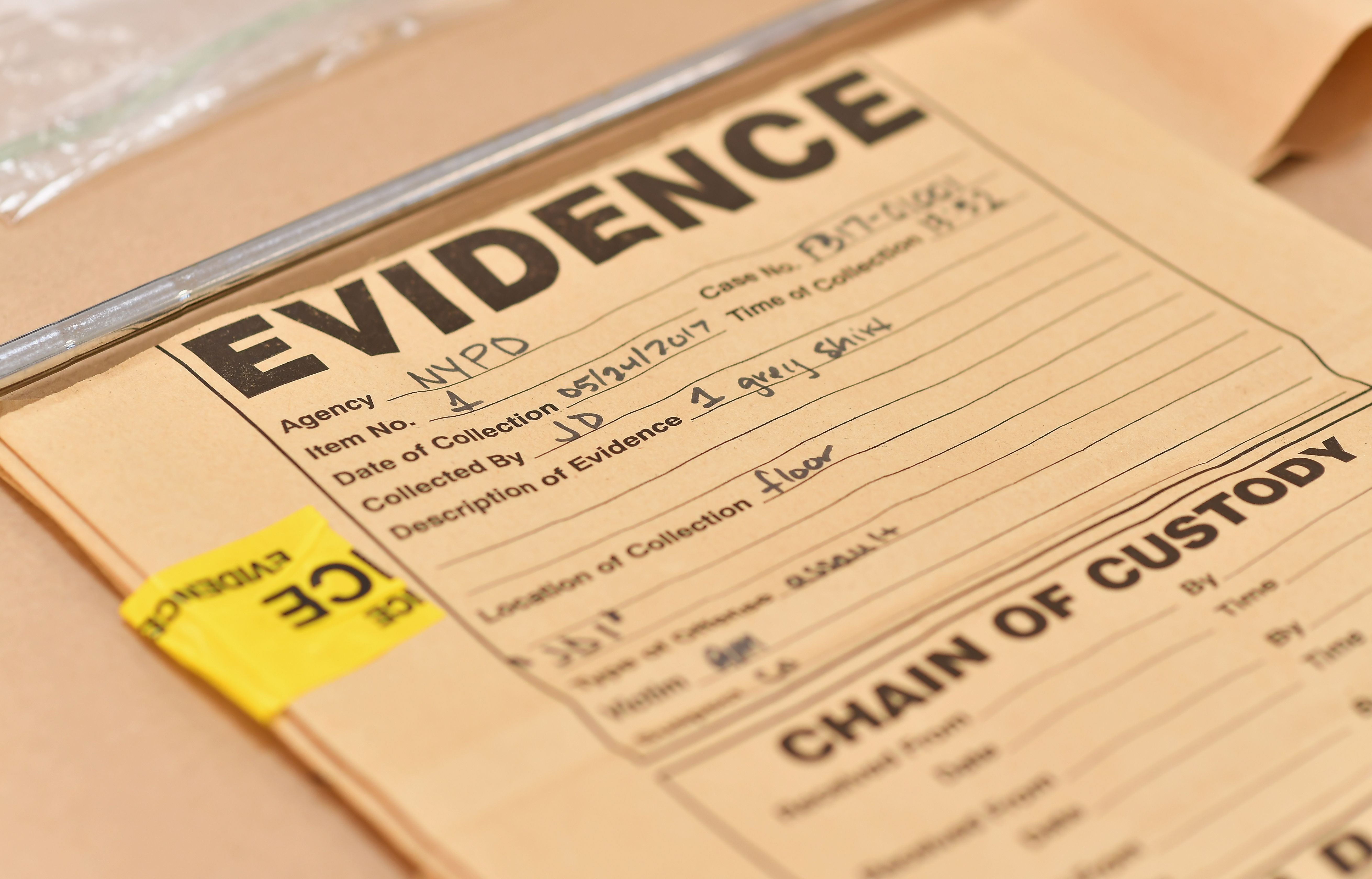 A bag to collect forensic evidence is seen as the New York City Office of Chief Medical Examiner hosts DNA Extraction demonstration to unveil groundbreaking technology allowing testing of degraded DNA samples on Sept. 6, 2018. (Credit: Angela Weiss / AFP / Getty Images)