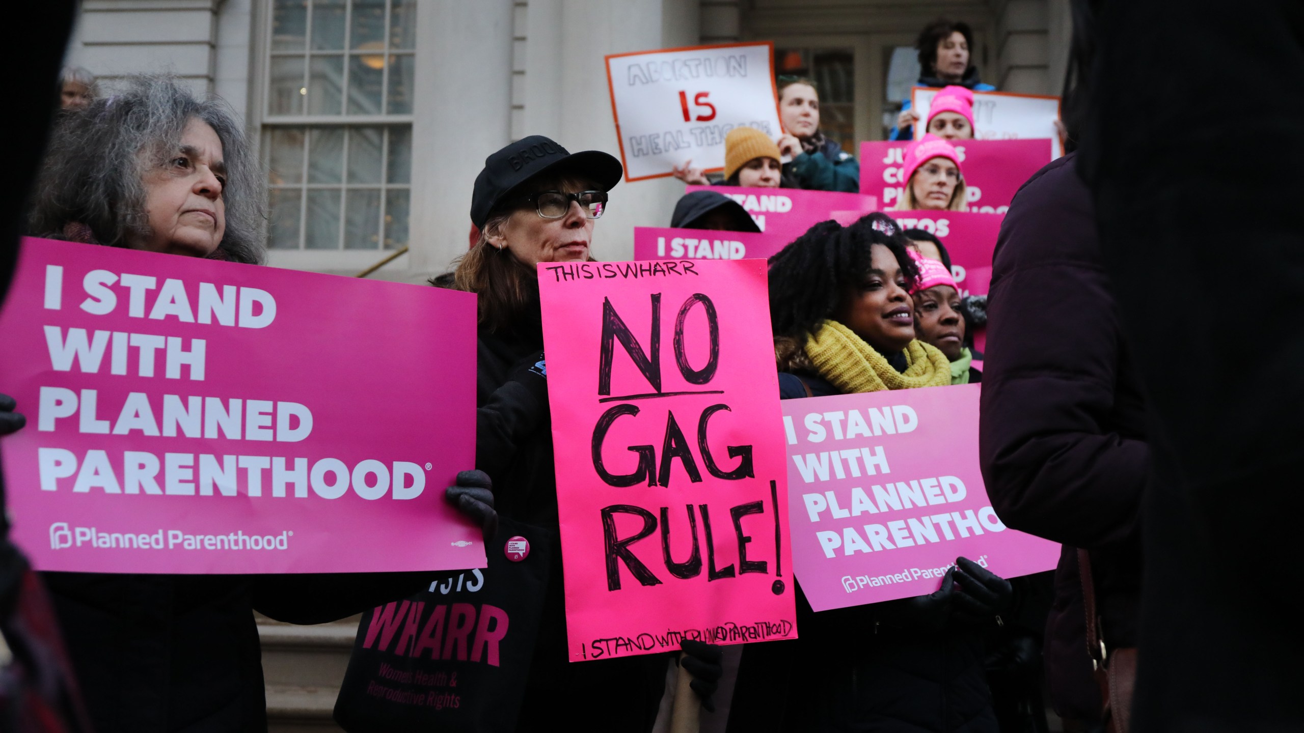 Activists, politicians and others associated with Planned Parenthood gather for a news conference and demonstration at City Hall against the Trump administrations title X rule change on Feb. 25, 2019, in New York City. (Credit: Spencer Platt/Getty Images)