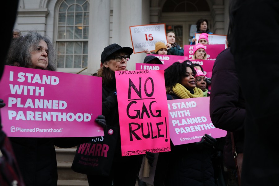 Activists, politicians and others associated with Planned Parenthood gather for a news conference and demonstration at City Hall against the Trump administrations title X rule change on Feb. 25, 2019, in New York City. (Credit: Spencer Platt/Getty Images)