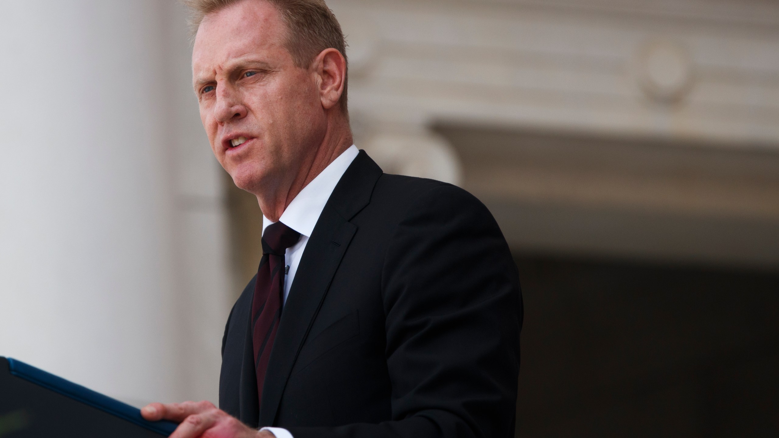 U.S. Acting Secretary of Defense Patrick Shanahan delivers remarks during a Memorial Day ceremony at Arlington National Cemetery on May 27, 2019. (Credit: Tom Brenner/Getty Images)