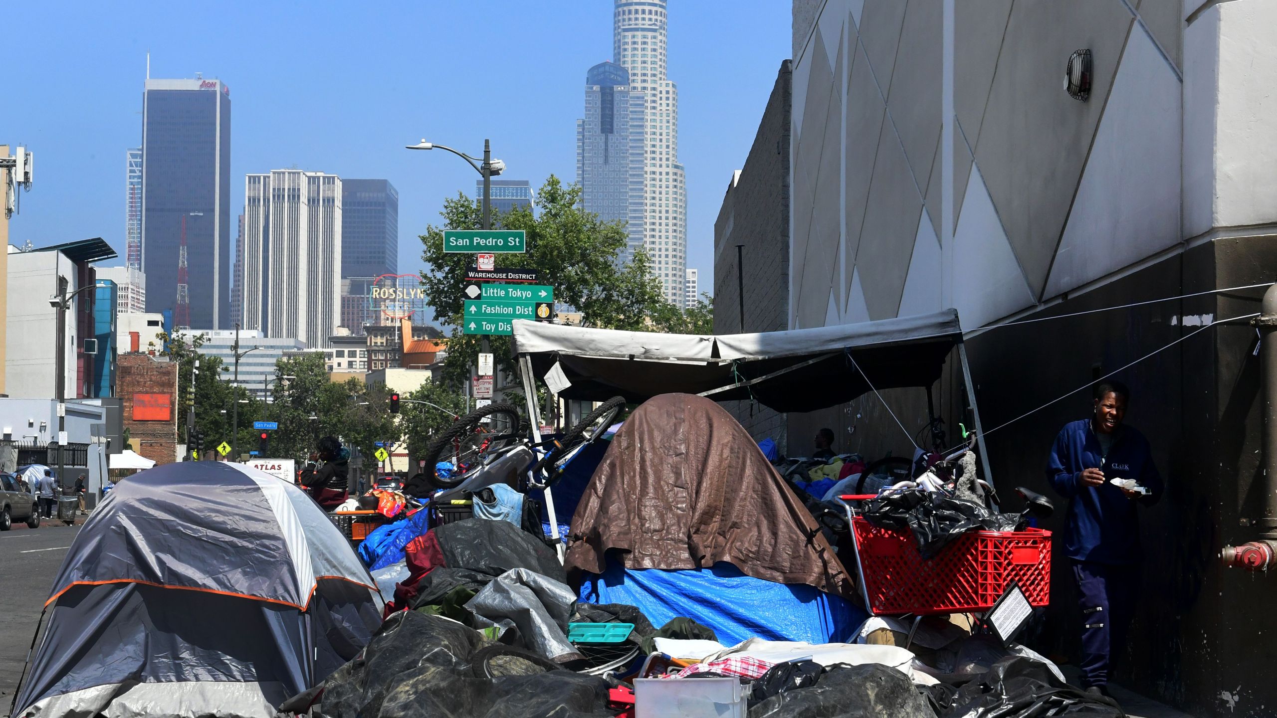 A homeless encampment is seen in downtown Los Angeles on May 30, 2019. (Credit: FREDERIC J. BROWN/AFP/Getty Images)