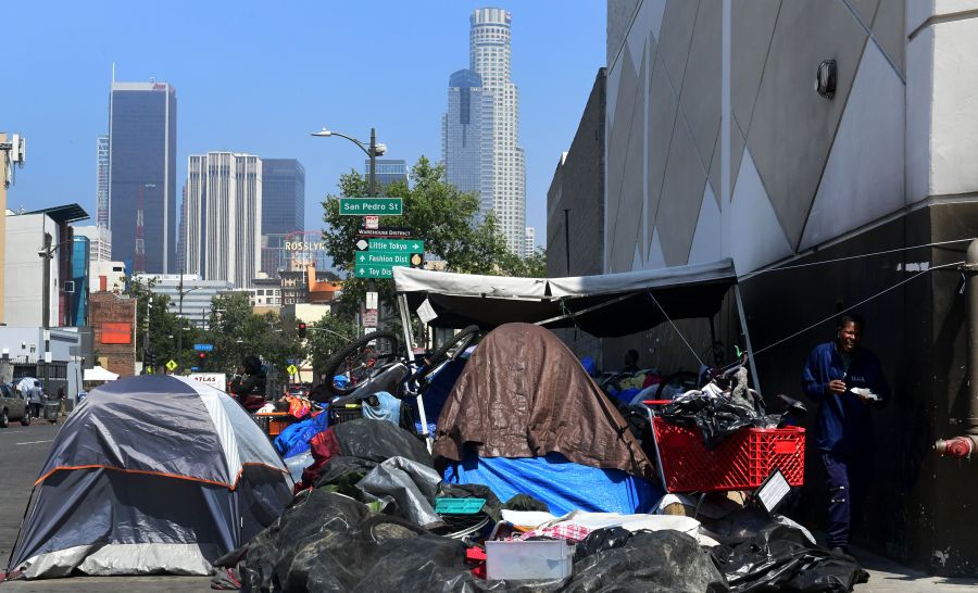 A homeless encampment is seen in downtown Los Angeles on May 30, 2019. (Credit: FREDERIC J. BROWN/AFP/Getty Images)