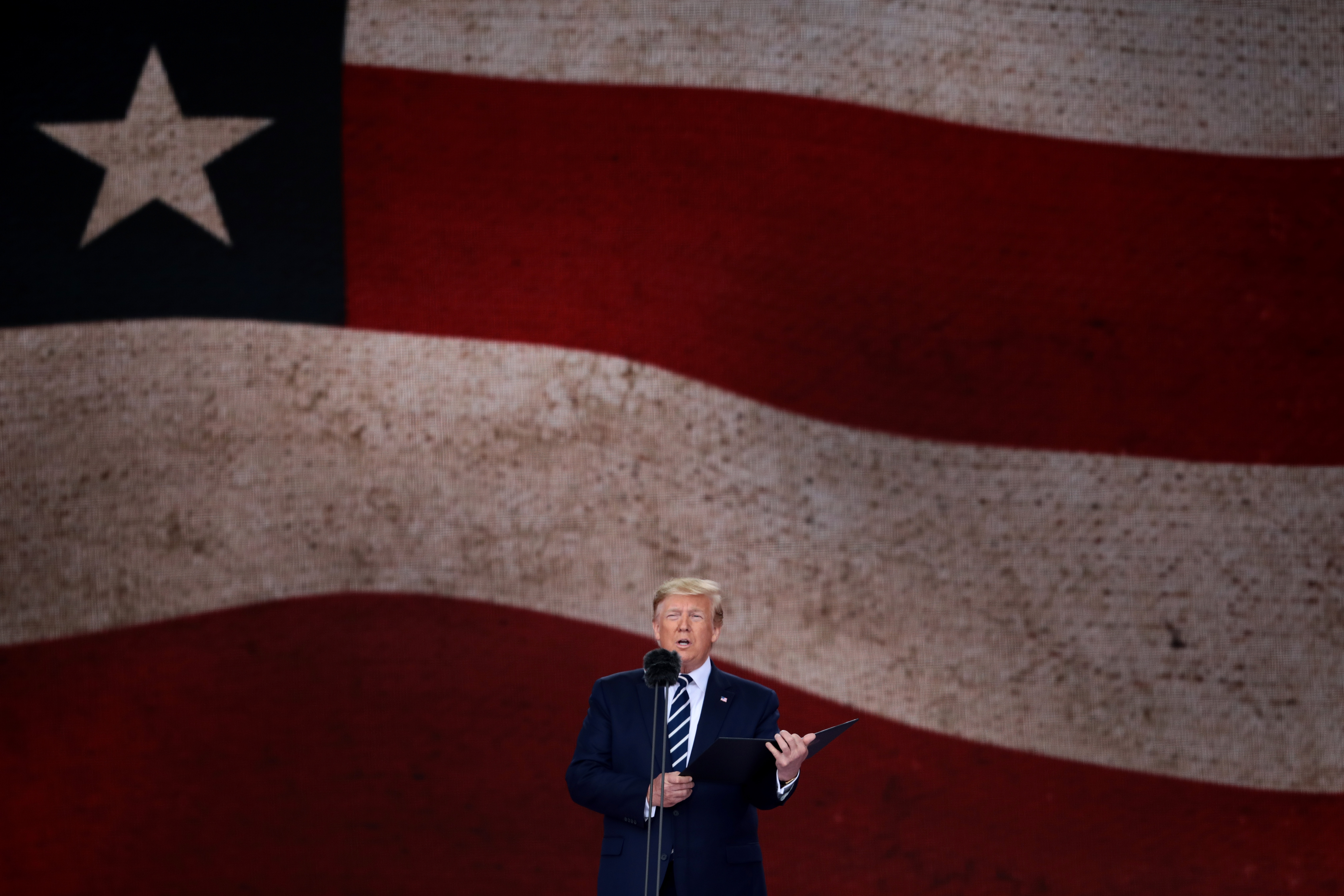 President of the United States, Donald Trump speaks during the D-Day Commemorations on June 5, 2019 in Portsmouth, England. (Credit: Dan Kitwood/Getty Images)