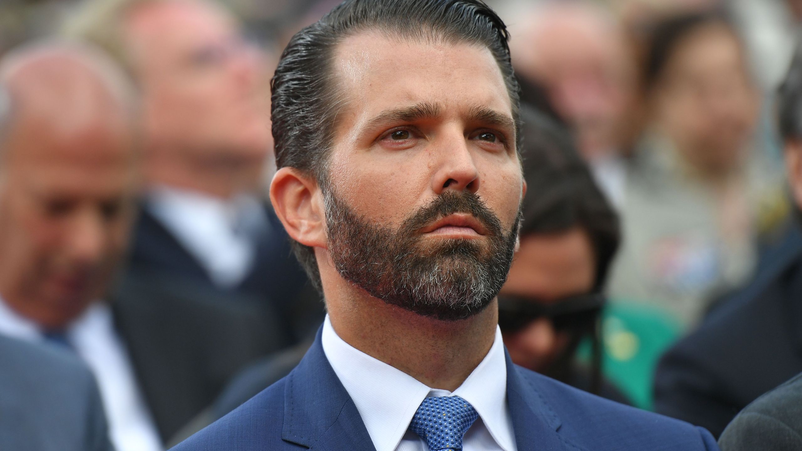 Donald Trump Jr. attends a French-U.S. ceremony at the Normandy American Cemetery and Memorial in Colleville-sur-Mer, Normandy on June 6, 2019. (Credit: MANDEL NGAN/AFP/Getty Images)