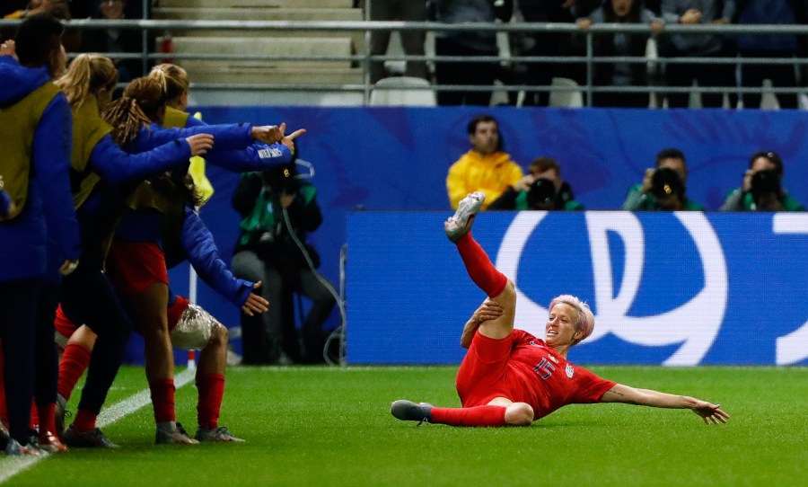 United States' forward Megan Rapinoe celebrates after scoring a goal during the France 2019 Women's World Cup Group F football match between USA and Thailand, on June 11, 2019, at the Auguste-Delaune Stadium in Reims, eastern France. (Credit: THOMAS SAMSON/AFP/Getty Images)