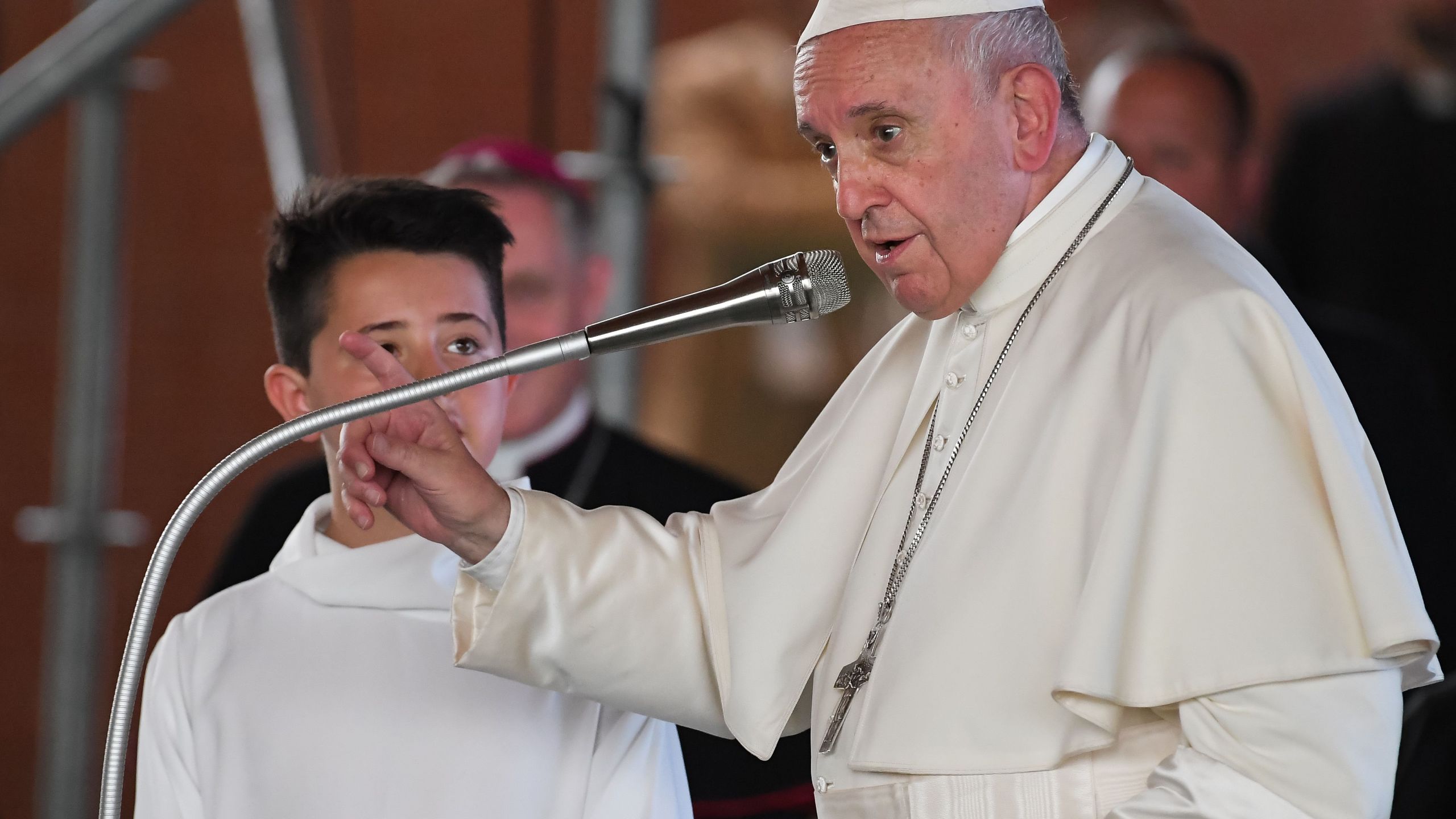 Pope Francis addresses boys who recently made their first communion, on June 16, 2019 in the diocese of Camerino-San Severino Marche. (Credit: TIZIANA FABI/AFP/Getty Images)