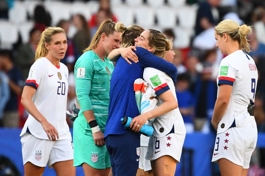 U.S. players celebrate at the end of the France 2019 Women's World Cup Group F football match between USA and Chile on June 16, 2019 at the Parc des Princes stadium in Paris. (Credit: FRANCK FIFE/AFP/Getty Images)