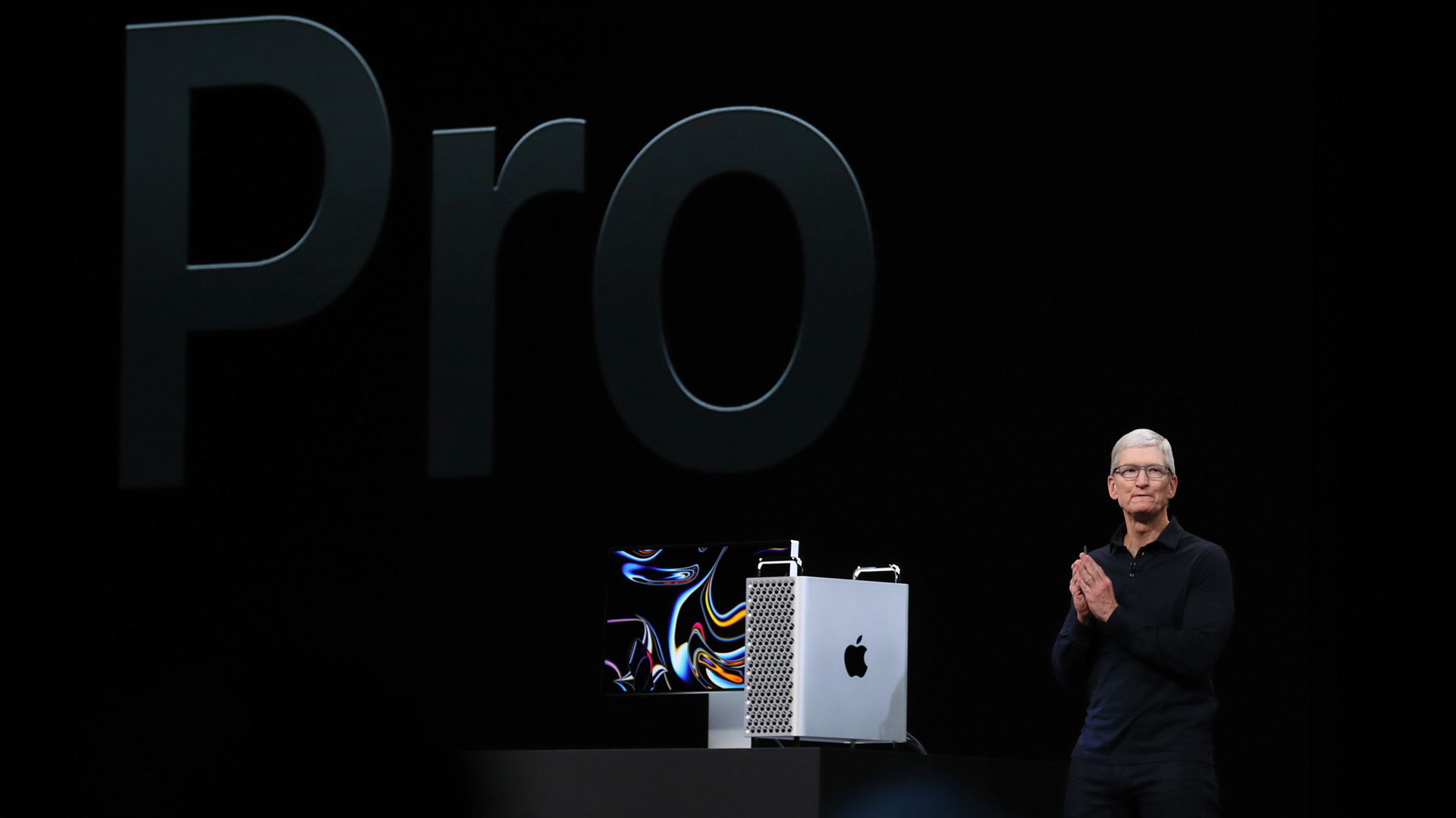 Apple CEO Tim Cook announces the new Mac Pro as he delivers the keynote address during the 2019 Apple Worldwide Developer Conference (WWDC) in San Jose Convention Center on June 3, 2019. (Credit: Justin Sullivan/Getty Images)