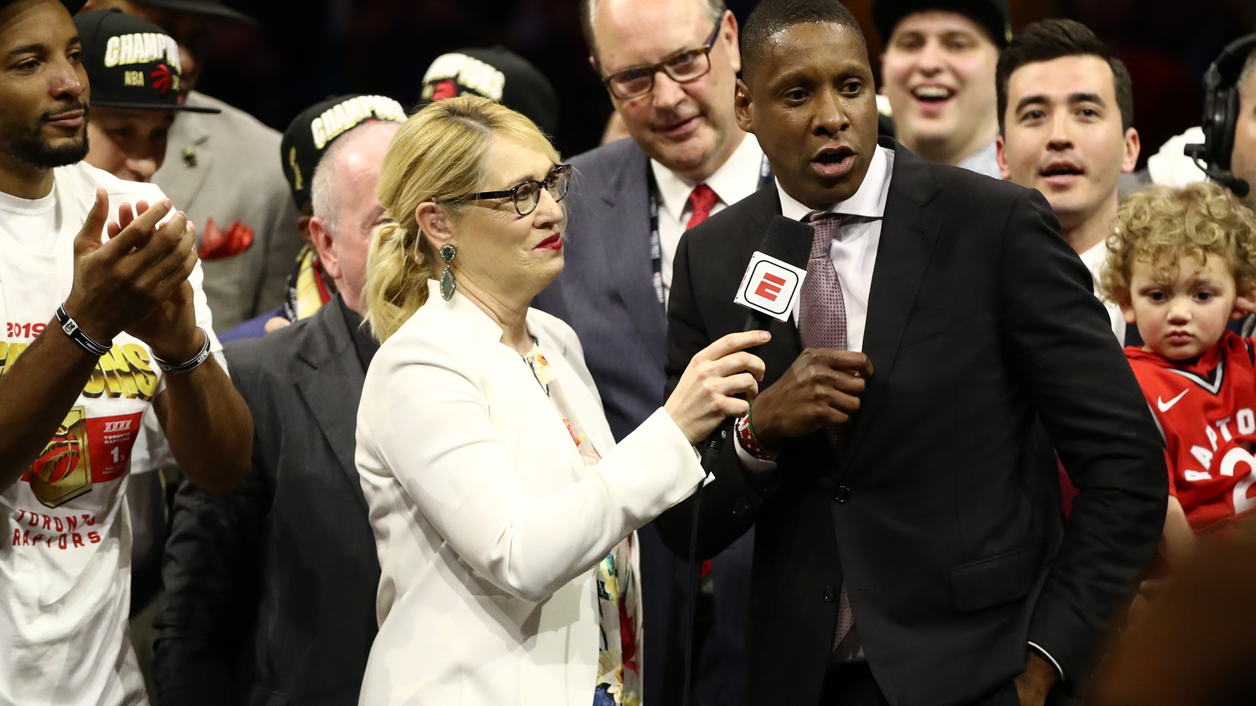 Masai Ujiri is interviewed after his team's victory over the Golden State Warriors in the 2019 NBA Finals at Oracle Arena on June 13, 2019 in Oakland. (Credit: Ezra Shaw/Getty Images)