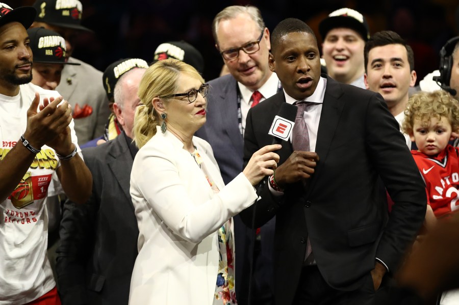 Masai Ujiri is interviewed after his team's victory over the Golden State Warriors in the 2019 NBA Finals at Oracle Arena on June 13, 2019 in Oakland. (Credit: Ezra Shaw/Getty Images)