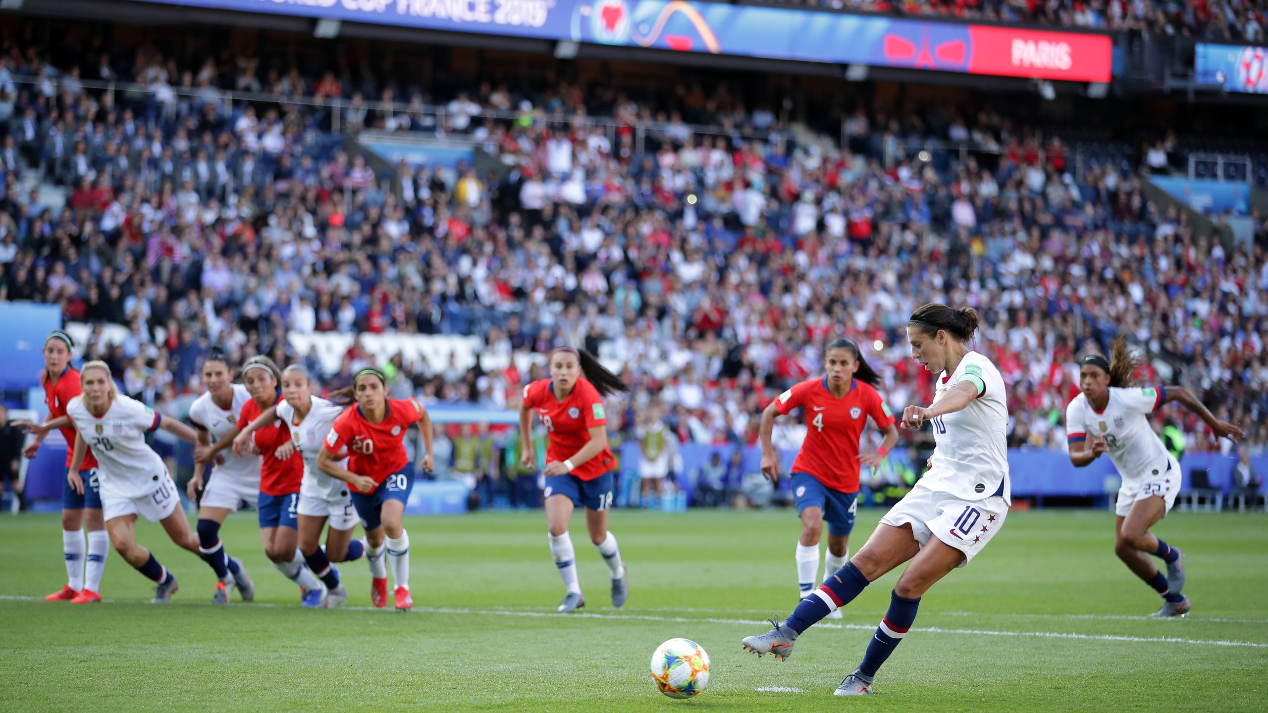 Carli Lloyd of the USA misses a penalty during the 2019 FIFA Women's World Cup France group F match between USA and Chile at Parc des Princes on June 16, 2019 in Paris, France. (Credit: Richard Heathcote/Getty Images)