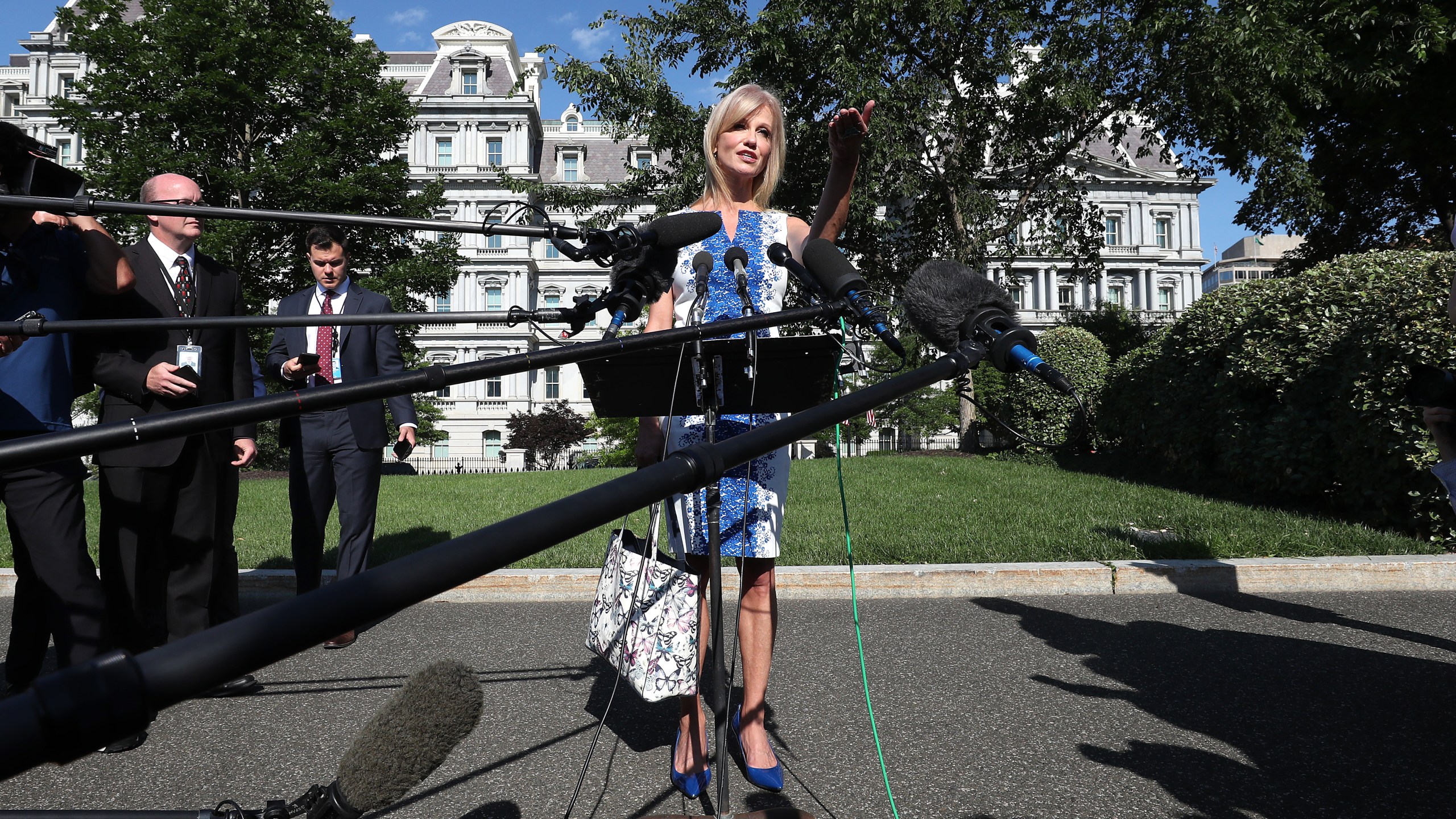 Kellyanne Conway speaks to the media after appearing on a morning talk show on the North Lawn of the White House, on June 24, 2019 in Washington, D.C. (Credit: Mark Wilson/Getty Images)